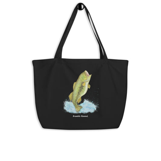 Original watercolor largemouth bass painting with water splashes. Printed on large black colored eco tote. 20 by 14 by 5 inches. 100% recycled cotton.