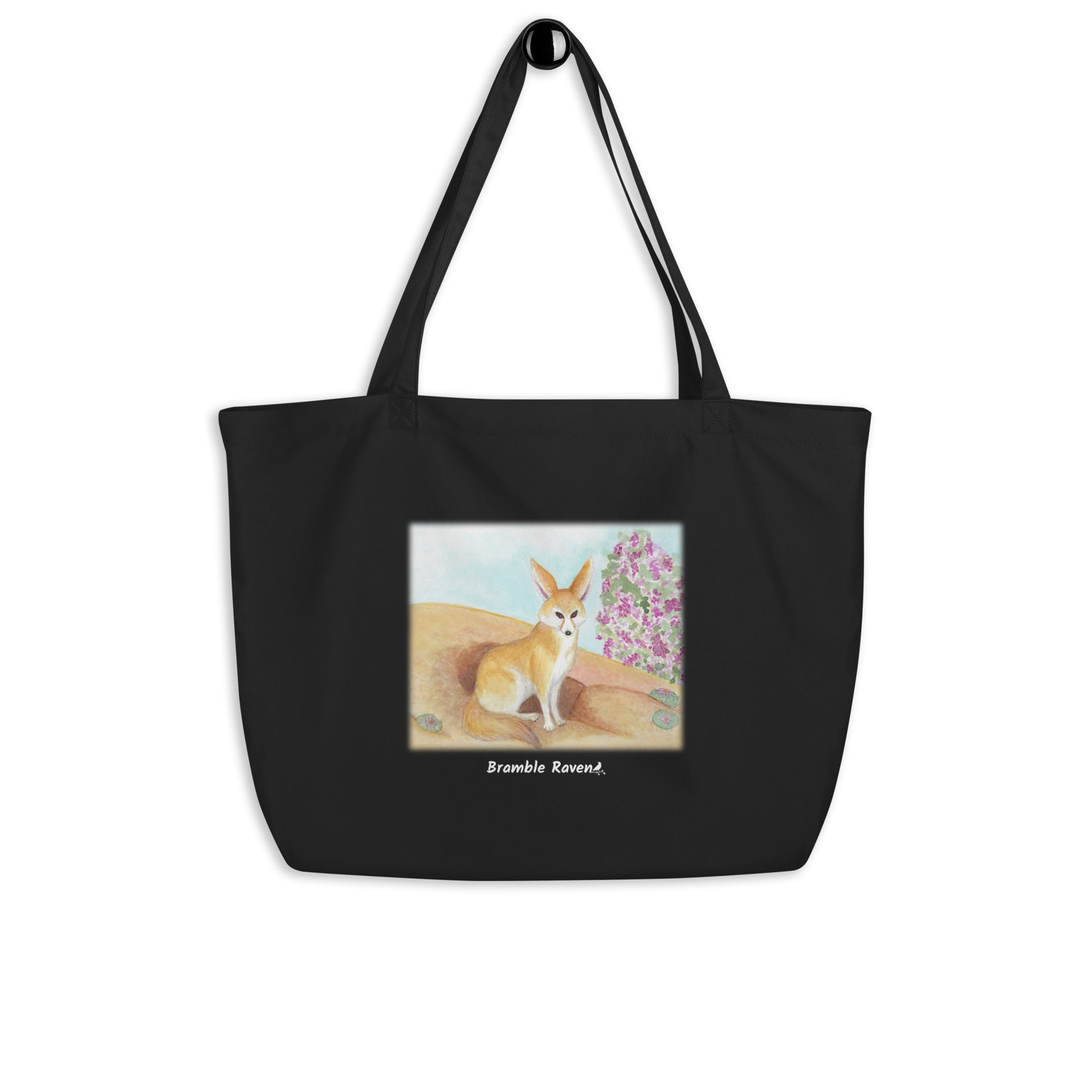 Original watercolor fennec fox painting in the desert. Printed on large black colored eco tote. 20 by 14 by 5 inches. 100% recycled cotton.
