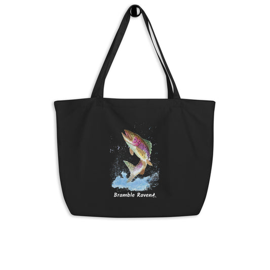 Original watercolor rainbow trout painting with water splashes. Printed on large black colored eco tote. 20 by 14 by 5 inches. 100% recycled cotton.