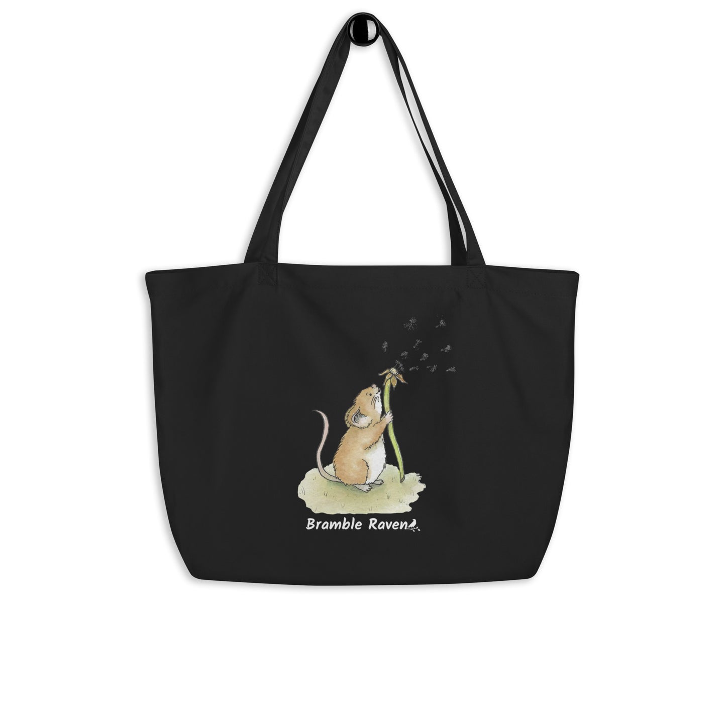 Original watercolor Dandelion wish design of a cute mouse blowing dandelion seeds. Printed on large black colored eco tote. 20 by 14 by 5 inches.