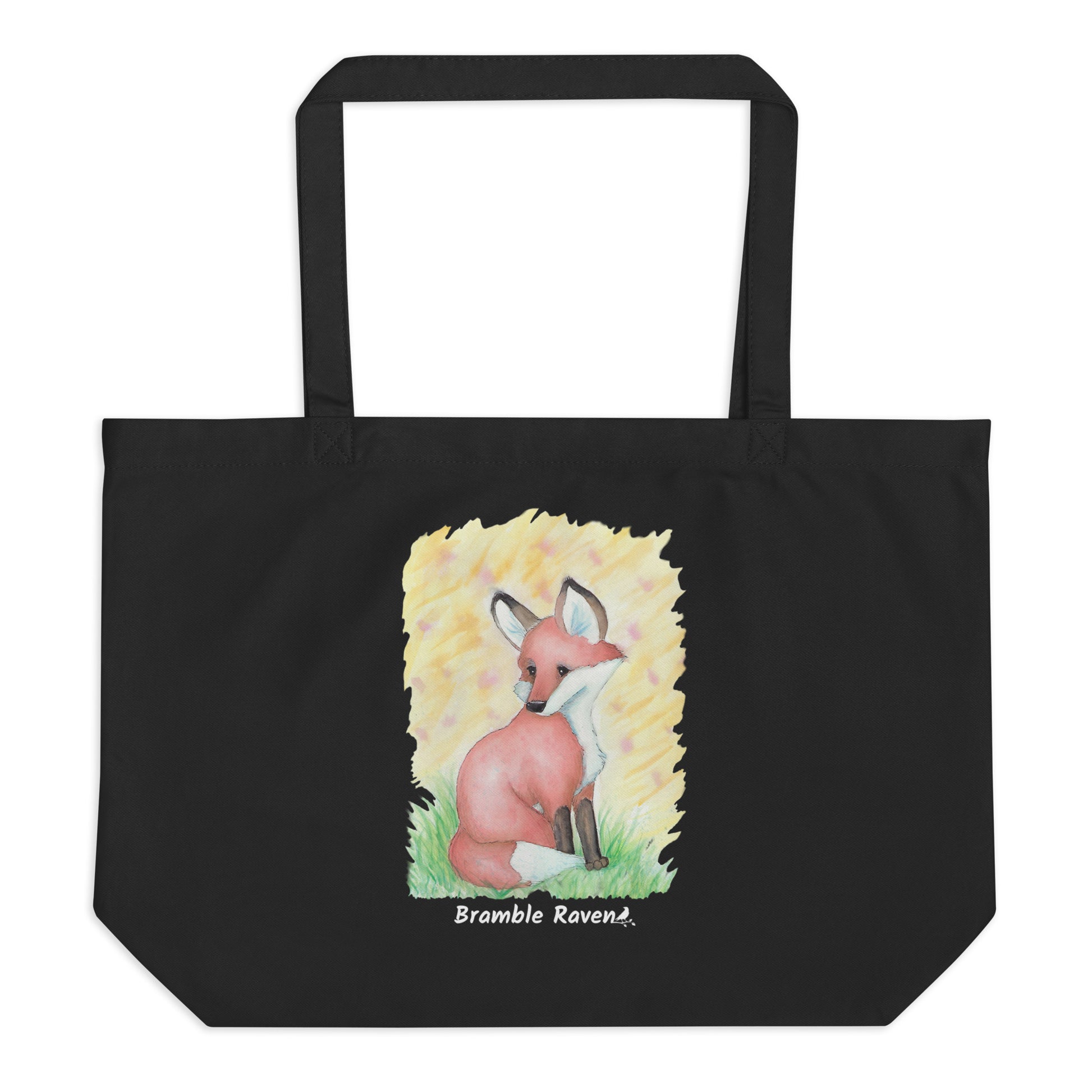 Original watercolor fox painting in the grass with yellow background. Printed on large black colored eco tote. 20 by 14 by 5 inches. 100% recycled cotton.