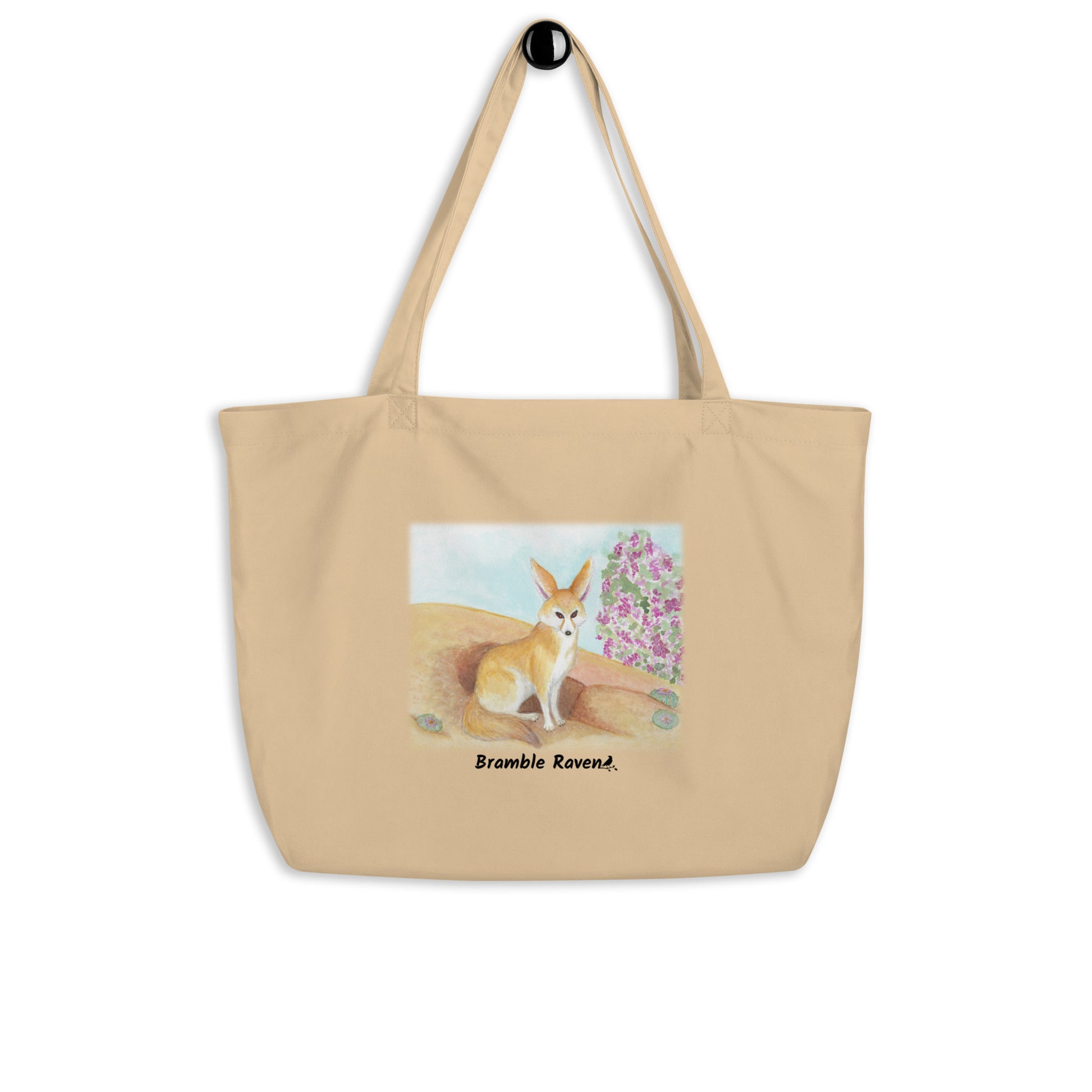 Original watercolor fennec fox painting in the desert. Printed on large oyster-colored eco tote. 20 by 14 by 5 inches. 100% recycled cotton.