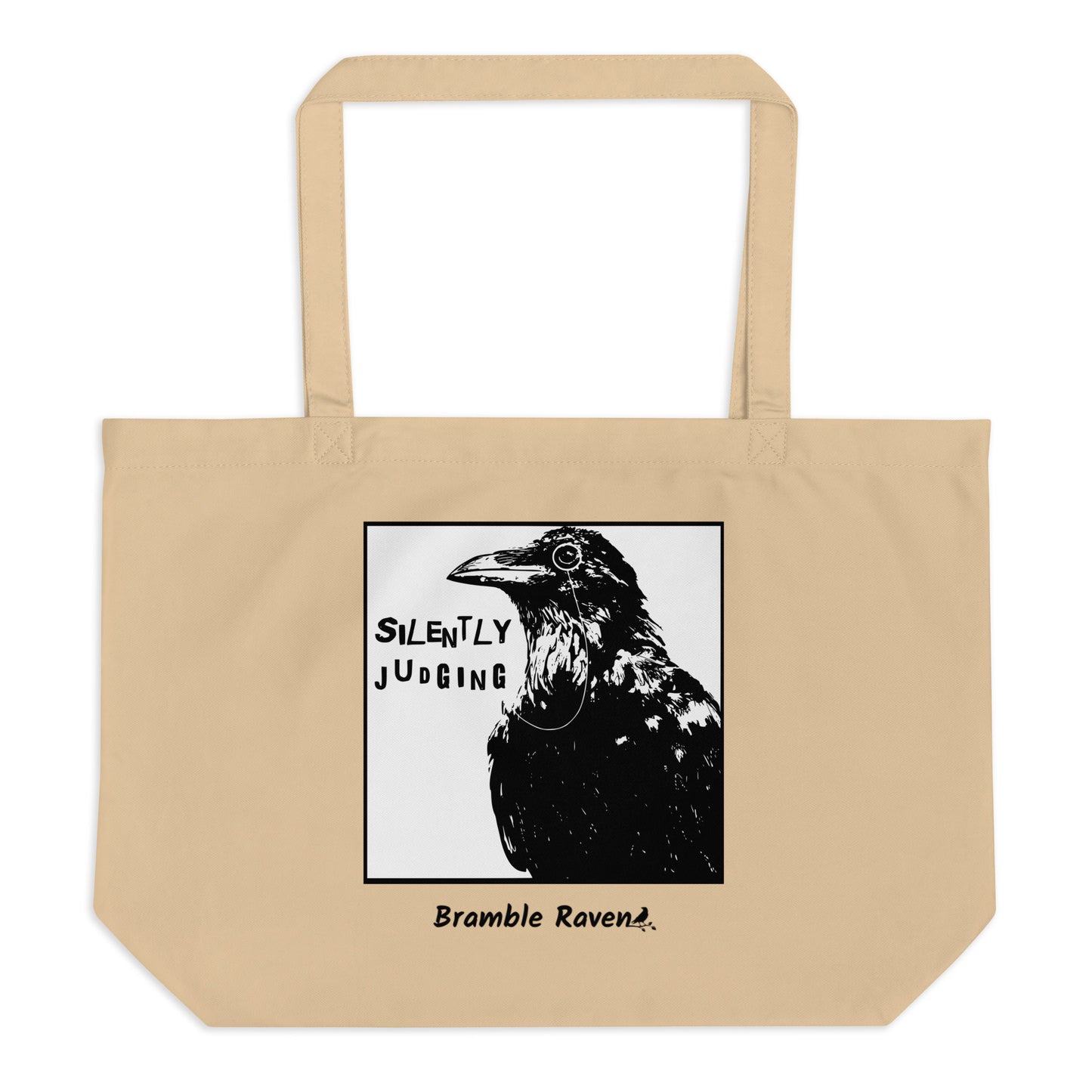 Original Silently Judging crow design. Silently Judging text. Black crow with monocle in square frame. Printed on large oyster-colored eco tote. 20 by 14 by 5 inches. 100% recycled cotton.