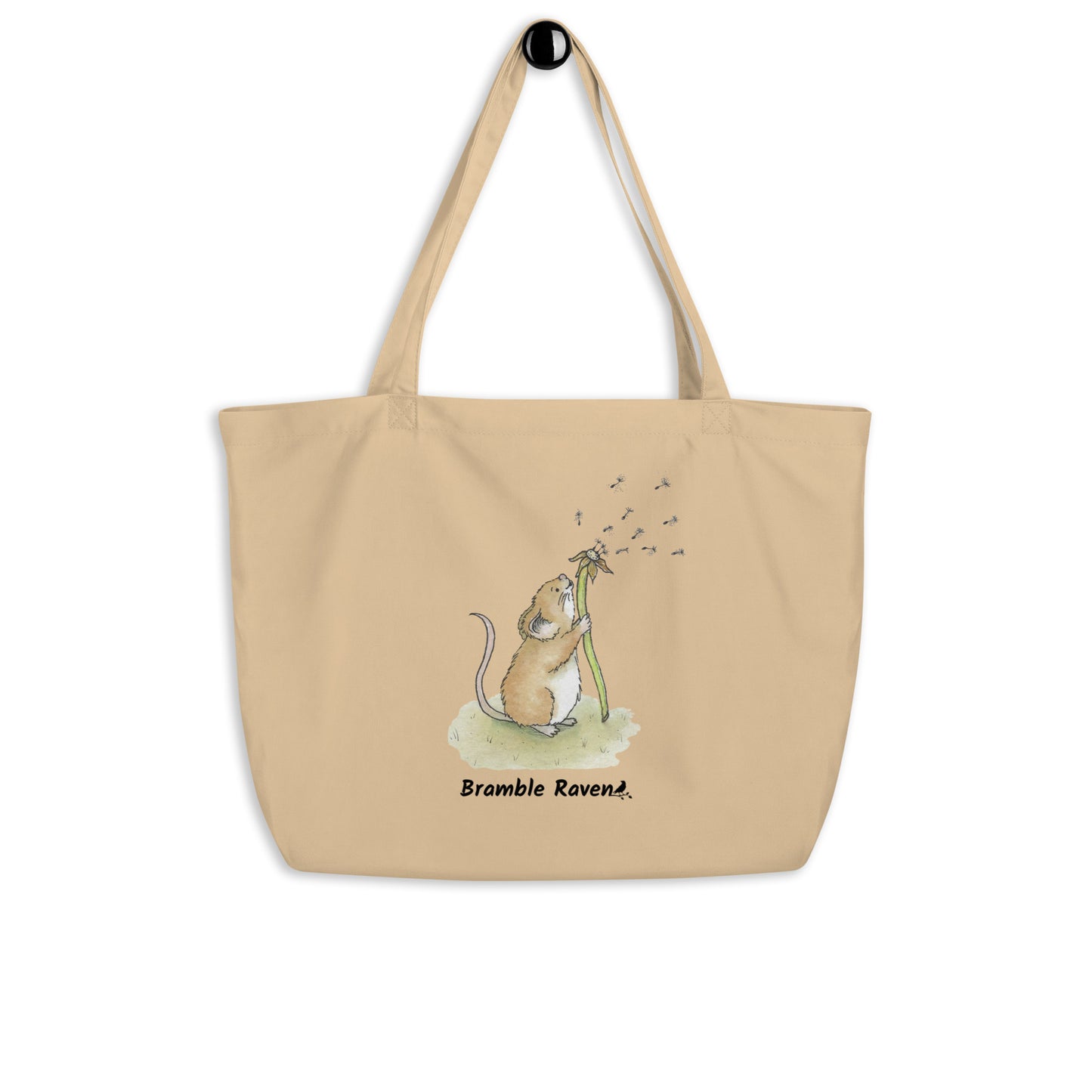 Original watercolor Dandelion wish design of a cute mouse blowing dandelion seeds. Printed on large oyster-colored eco tote. 20 by 14 by 5 inches.