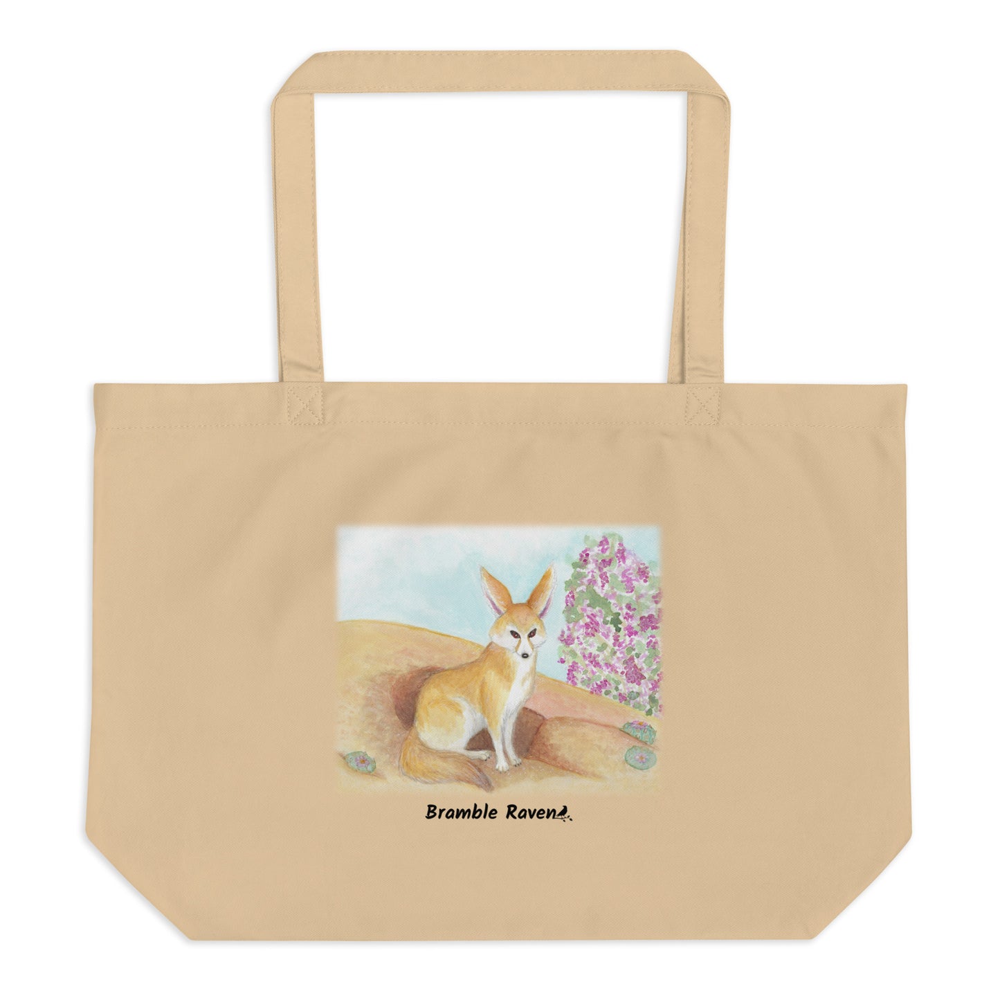 Original watercolor fennec fox painting in the desert. Printed on large oyster-colored eco tote. 20 by 14 by 5 inches. 100% recycled cotton.