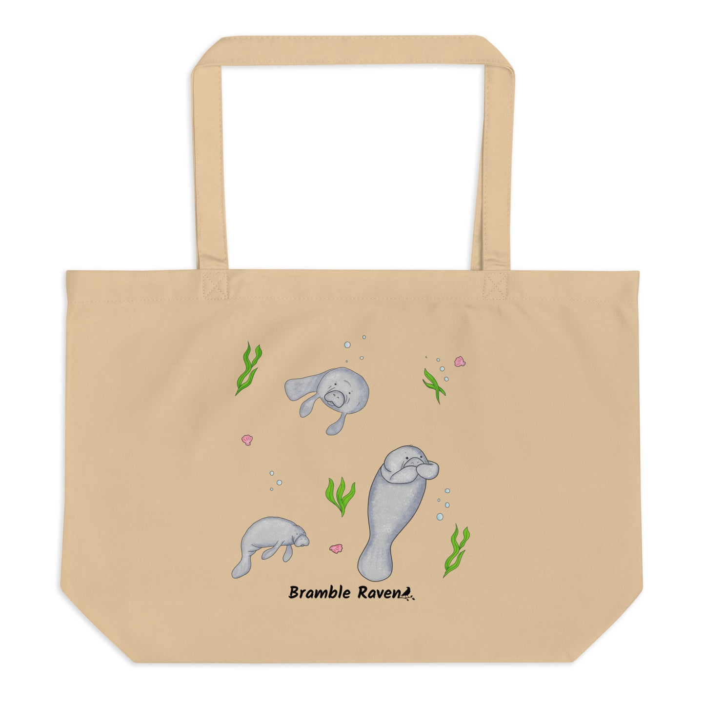 20″ × 14″ × 5″ 100% organic cotton tote bag. Features three manatees with accents of seashells, seaweed, and bubbles. Oyster colored fabric with dual handles. 
