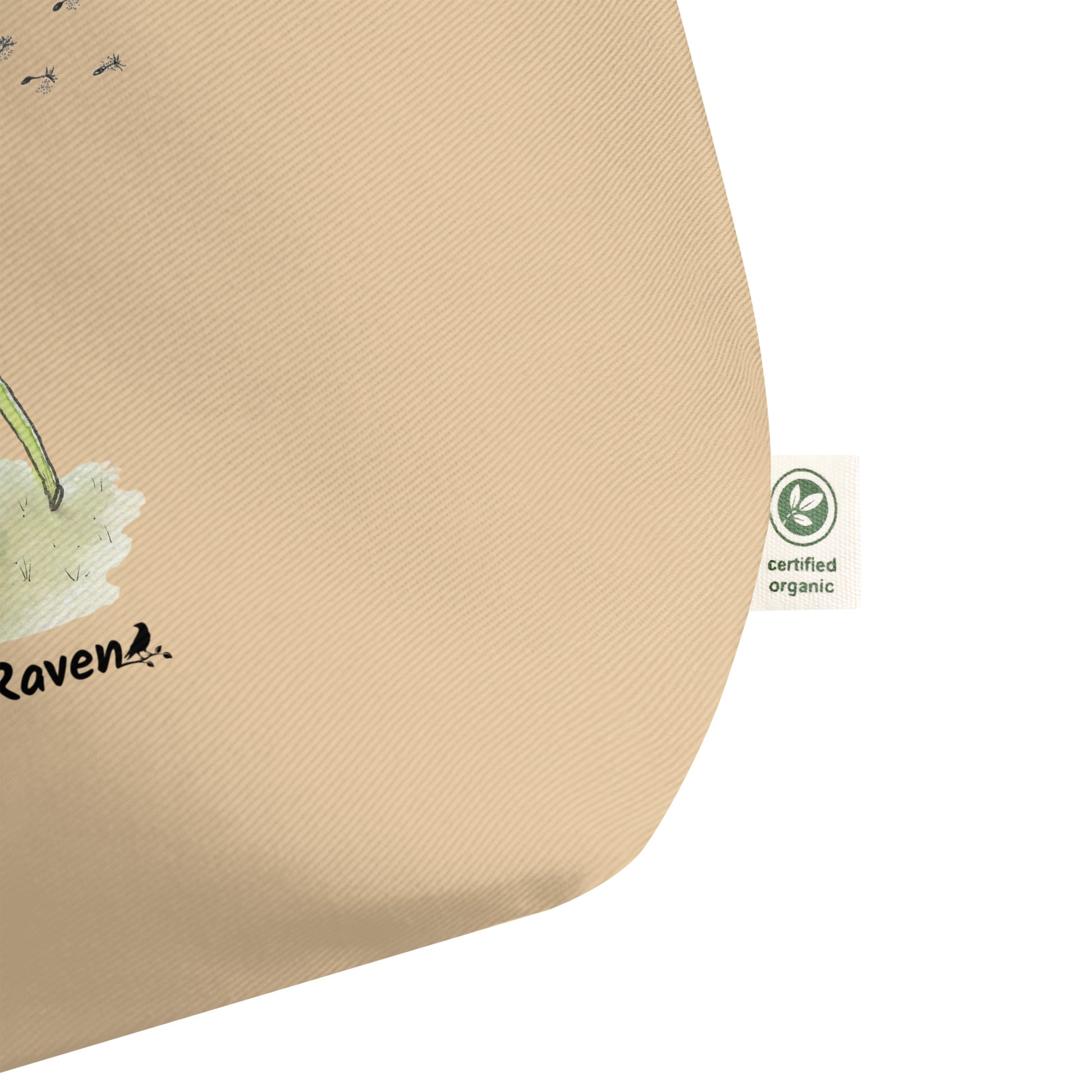 Eco tote oyster-colored bag details. Certified organic tag.