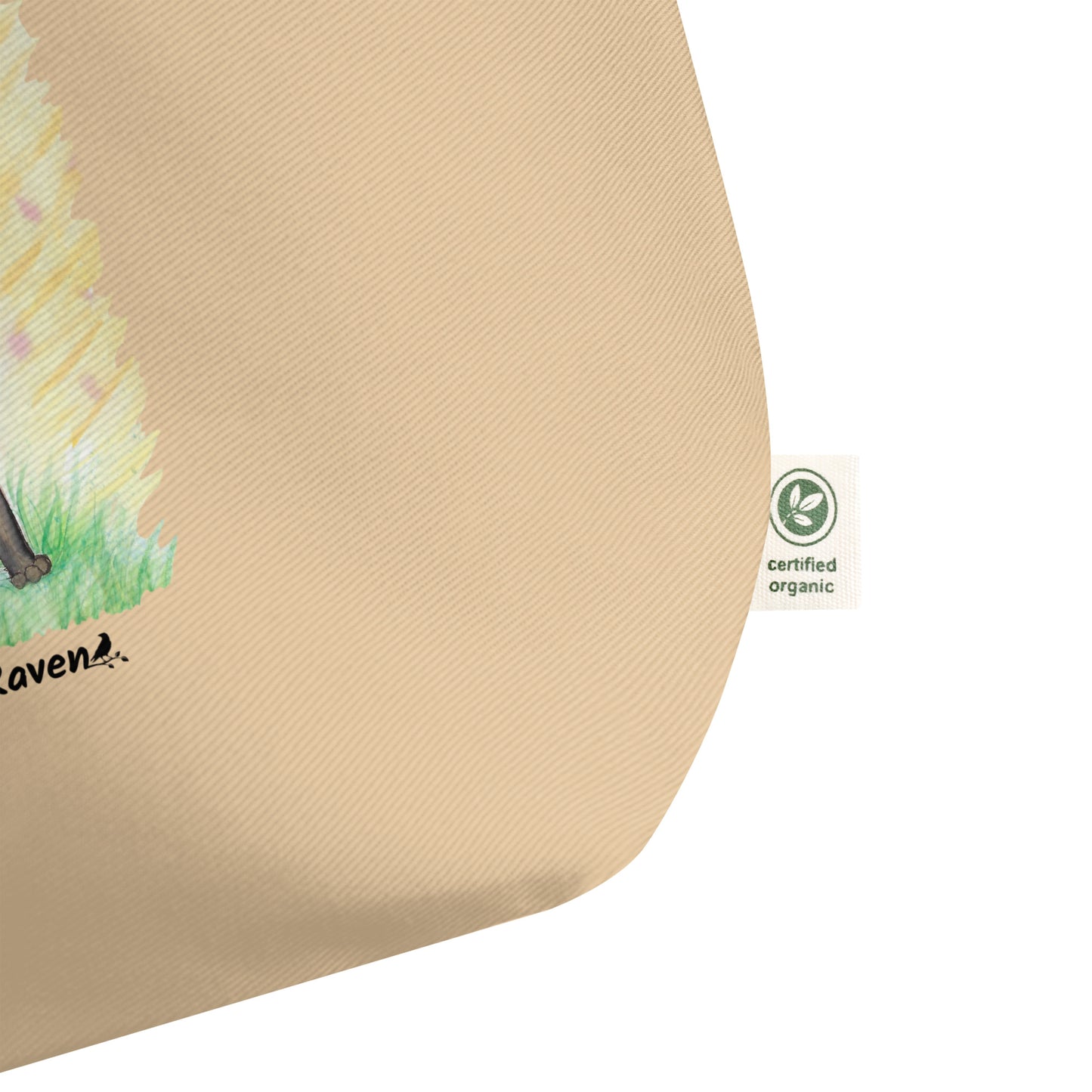 Large eco oyster-colored tote bag details. Certified organic cotton tag.