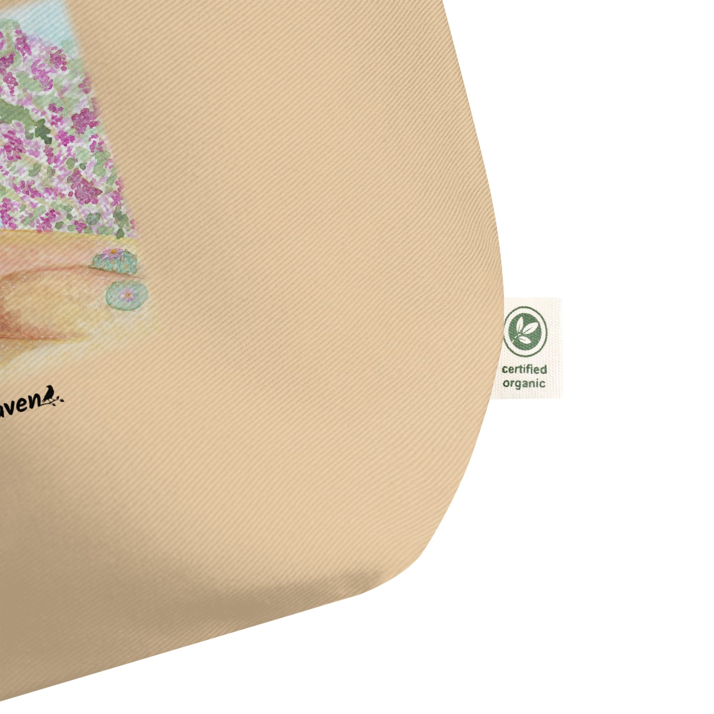 Large eco oyster-colored tote bag details. Certified Organic cotton tag.