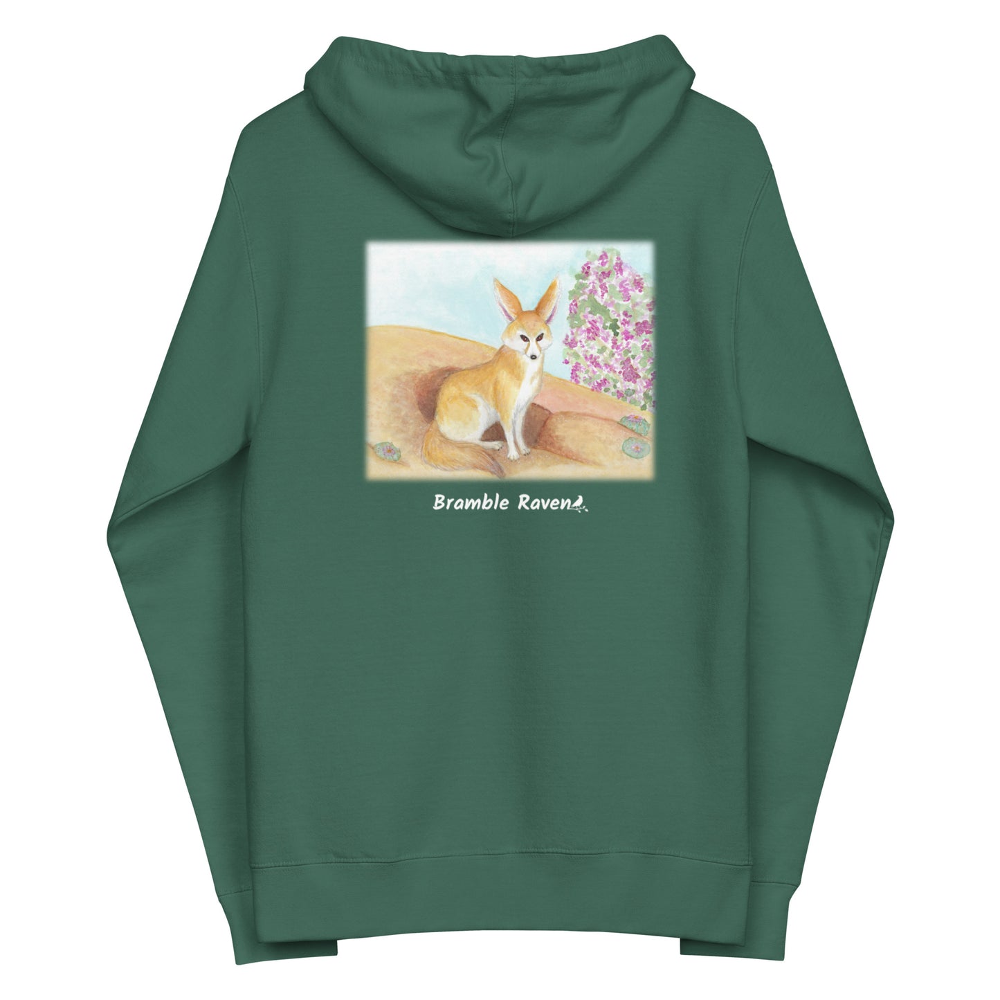 Unisex fleece-lined zip-up alpine green colored hoodie. Features original watercolor painting of a fennec fox in the desert on the back of the hoodie.