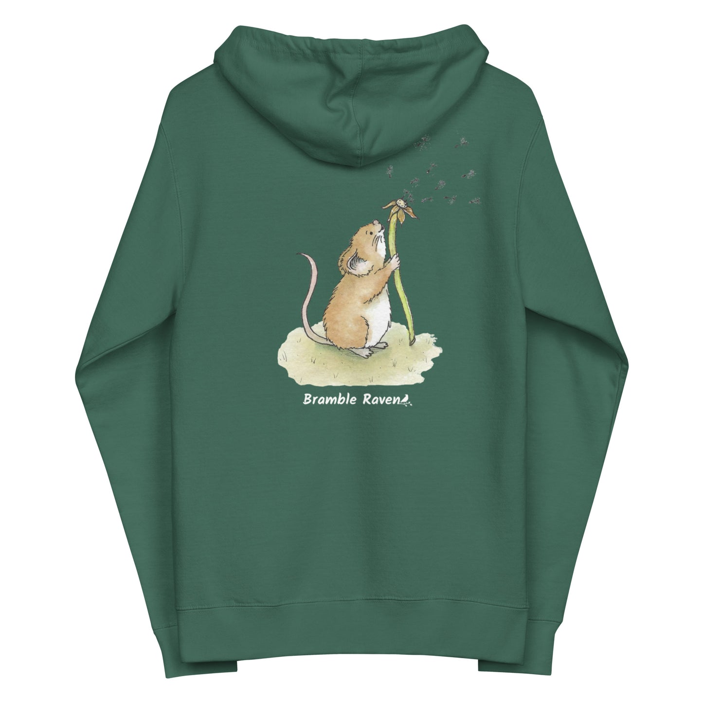 Dandelion wish design of cute watercolor mouse blowing dandelion seeds on the back of an alpine green fleece zip up hoodie
