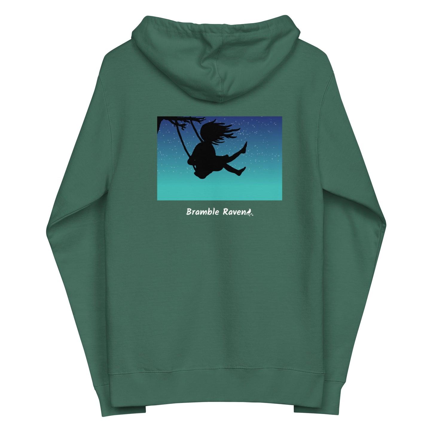 Original Swing Free design of a girl's silhouette in a tree swing against the backdrop of a blue starry sky. Rectangular image on the back of a unisex fleece-lined alpine green colored zip up hoodie.