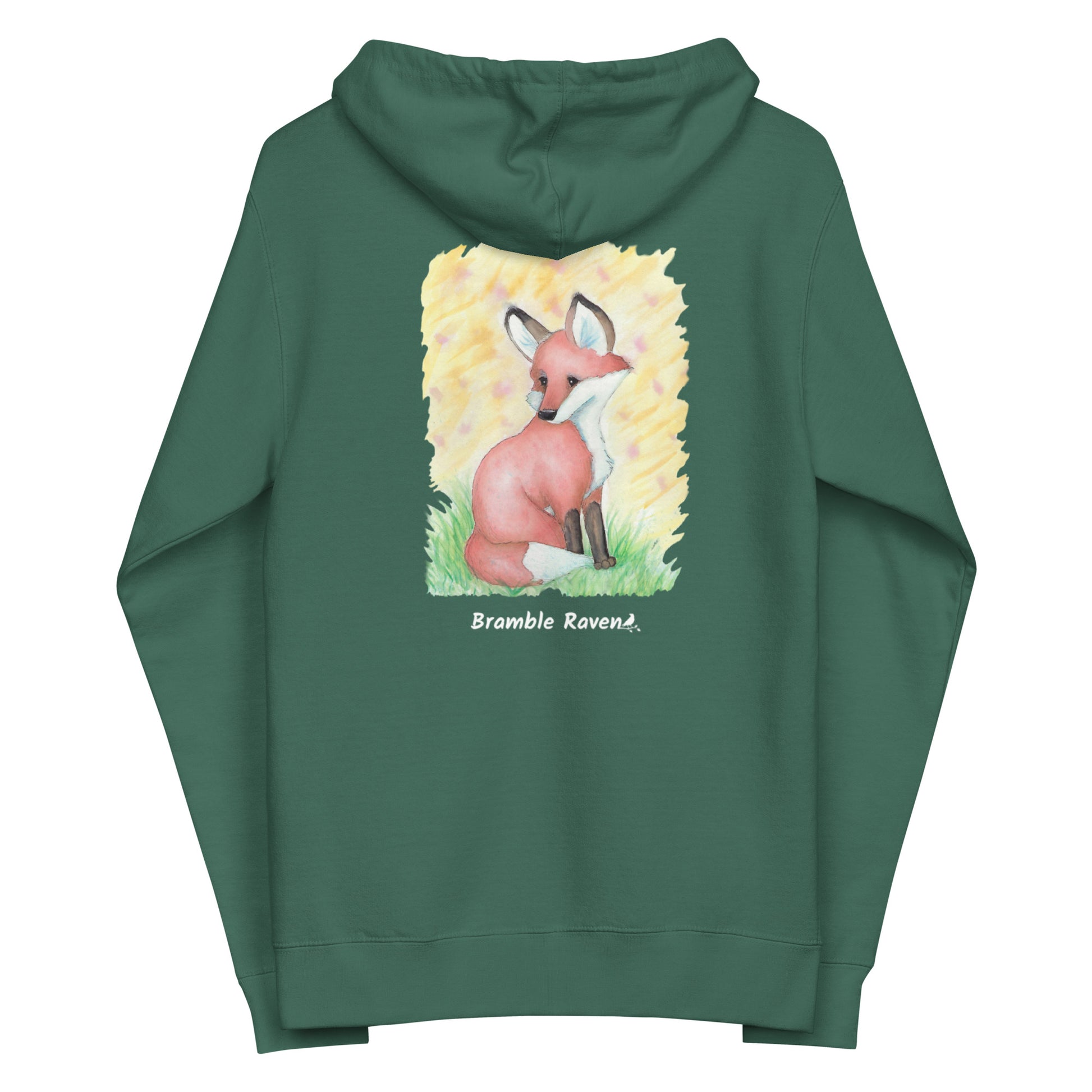 Unisex alpine green colored zip-up fleece-lined hoodie. Features original watercolor painting of a fox sitting in the grass on the back of the hoodie.