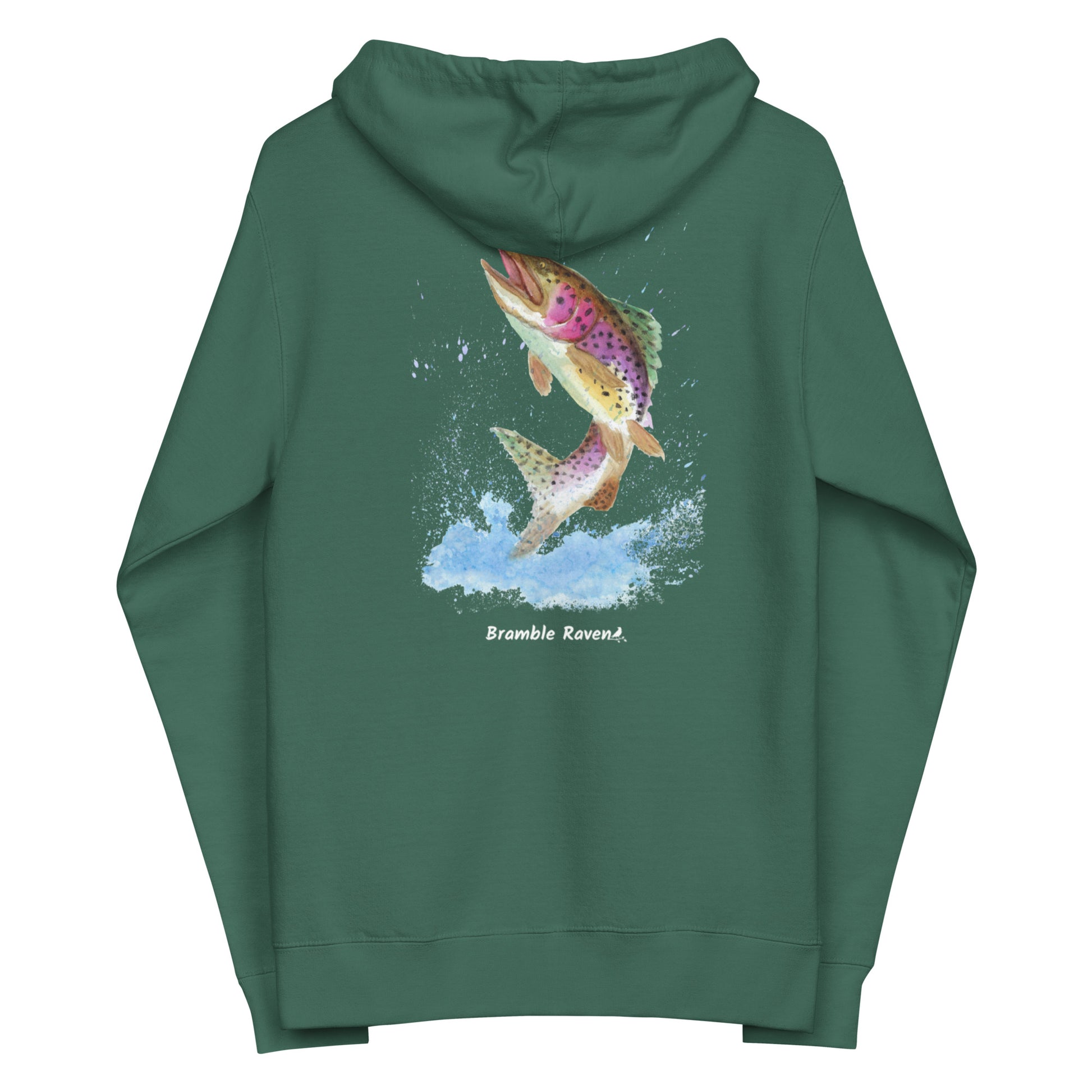 Unisex alpine green colored fleece-lined zip-up hoodie. Features original watercolor painting of a rainbow trout leaping from the water on the back of the hoodie.