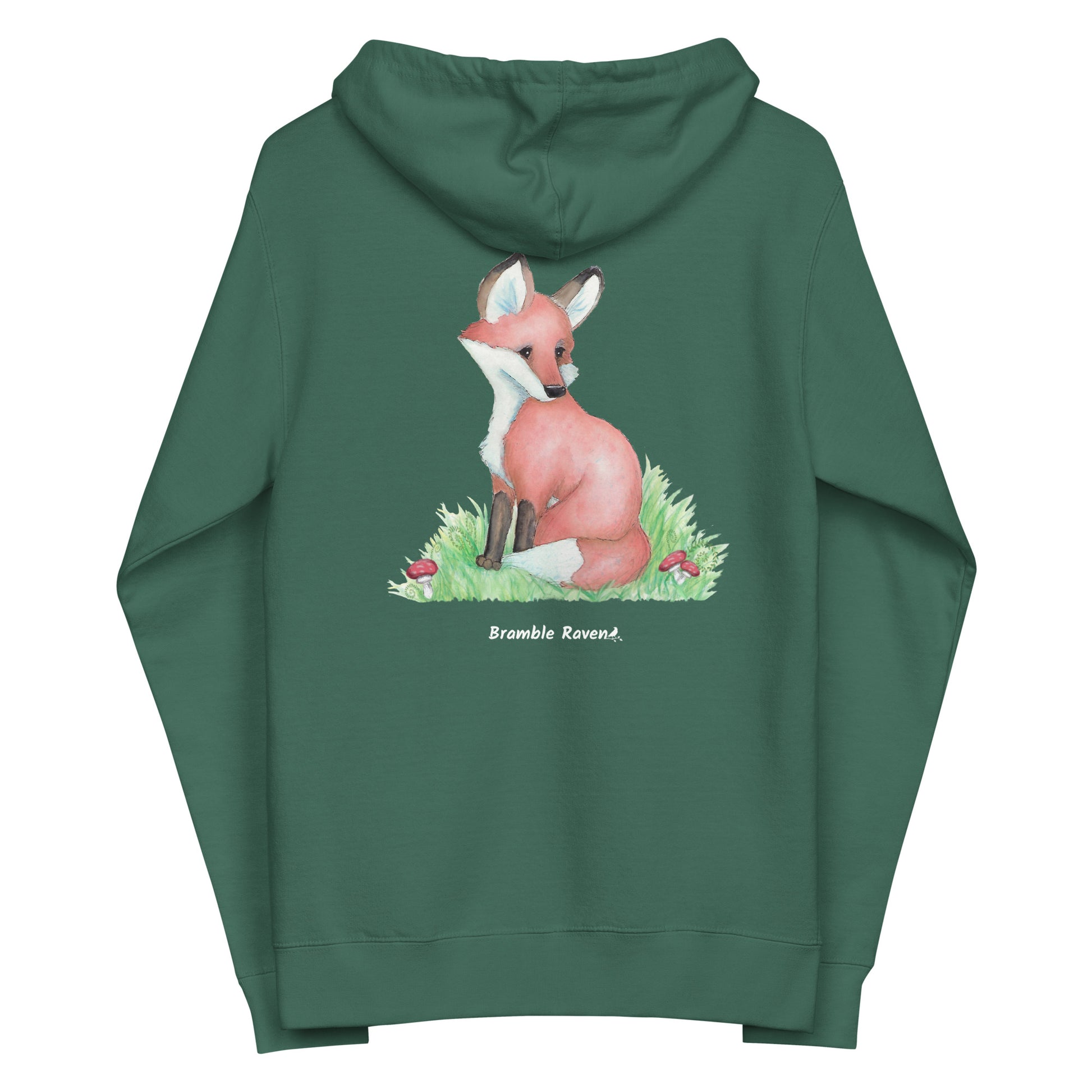 Alpine green colored unisex fleece zip up hoodie. Back design features a watercolor fox in the grass with ferns and mushrooms. Has a jersey-lined hood, metal eyelets and zipper.
