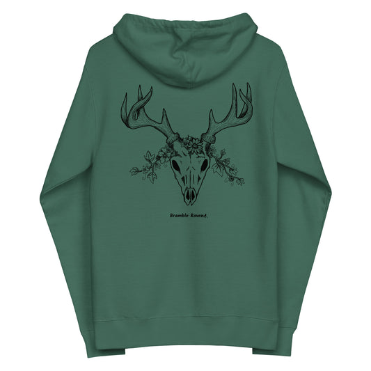 Alpine green fleece zip up hoodie. Features back design of deer skull and flowers.