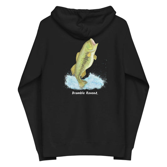 Unisex black colored fleece-lined zip-up hoodie. Features original watercolor painting of a largemouth bass leaping from the water. Design on the back of the hoodie.