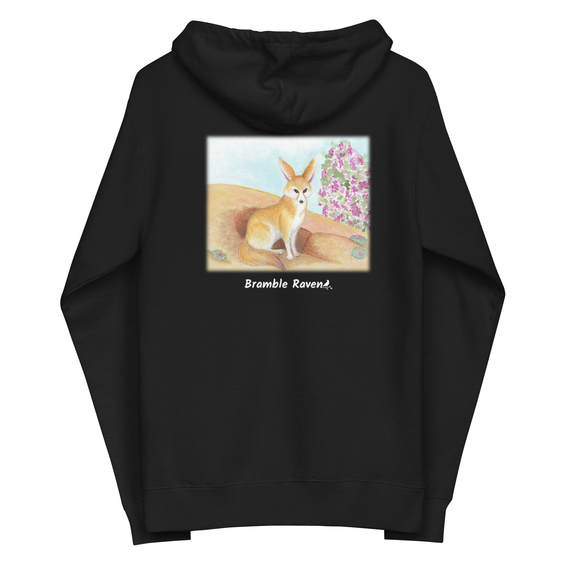 Unisex fleece-lined zip-up black colored hoodie. Features original watercolor painting of a fennec fox in the desert on the back of the hoodie.