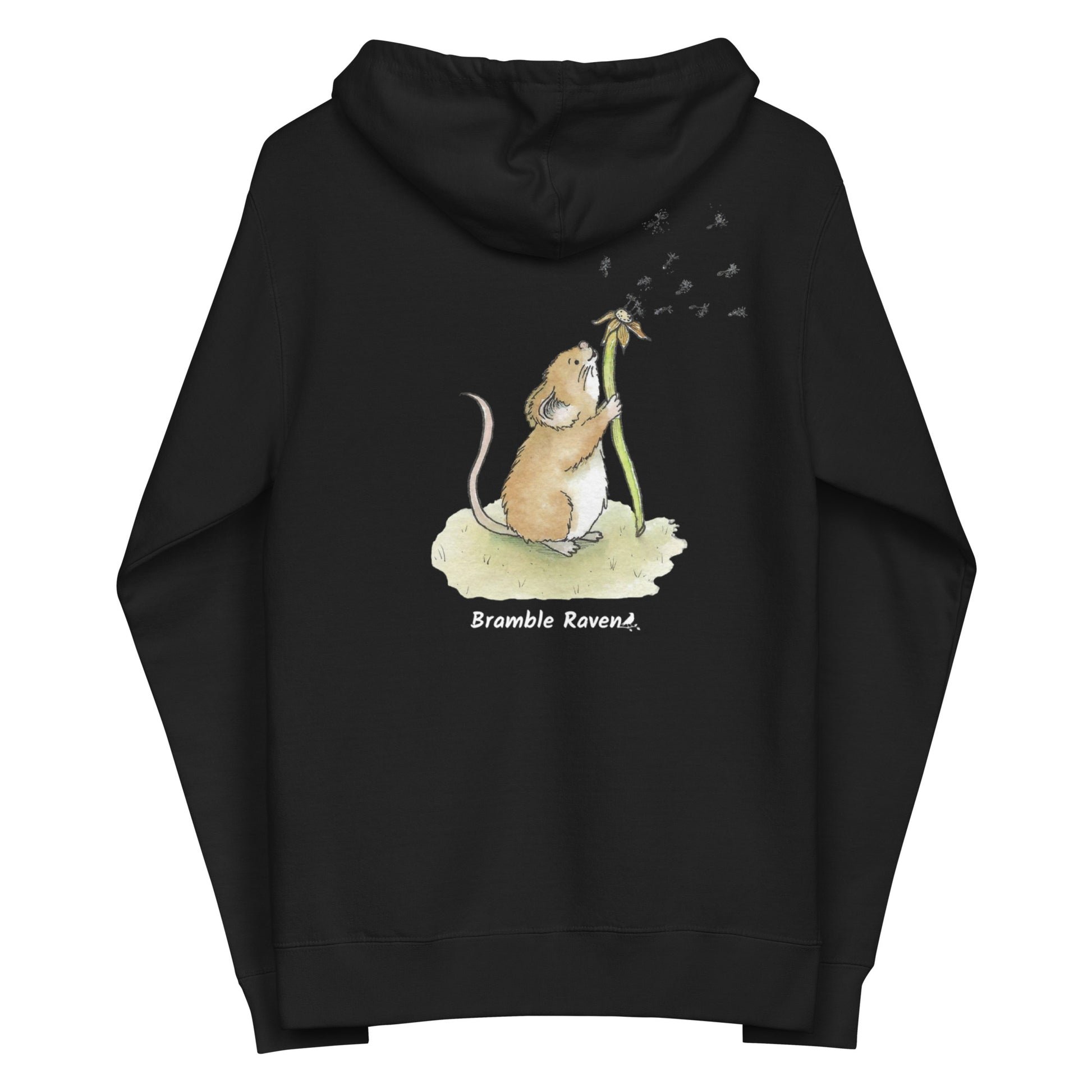 Dandelion wish design of cute watercolor mouse blowing dandelion seeds on the back of a black fleece zip up hoodie