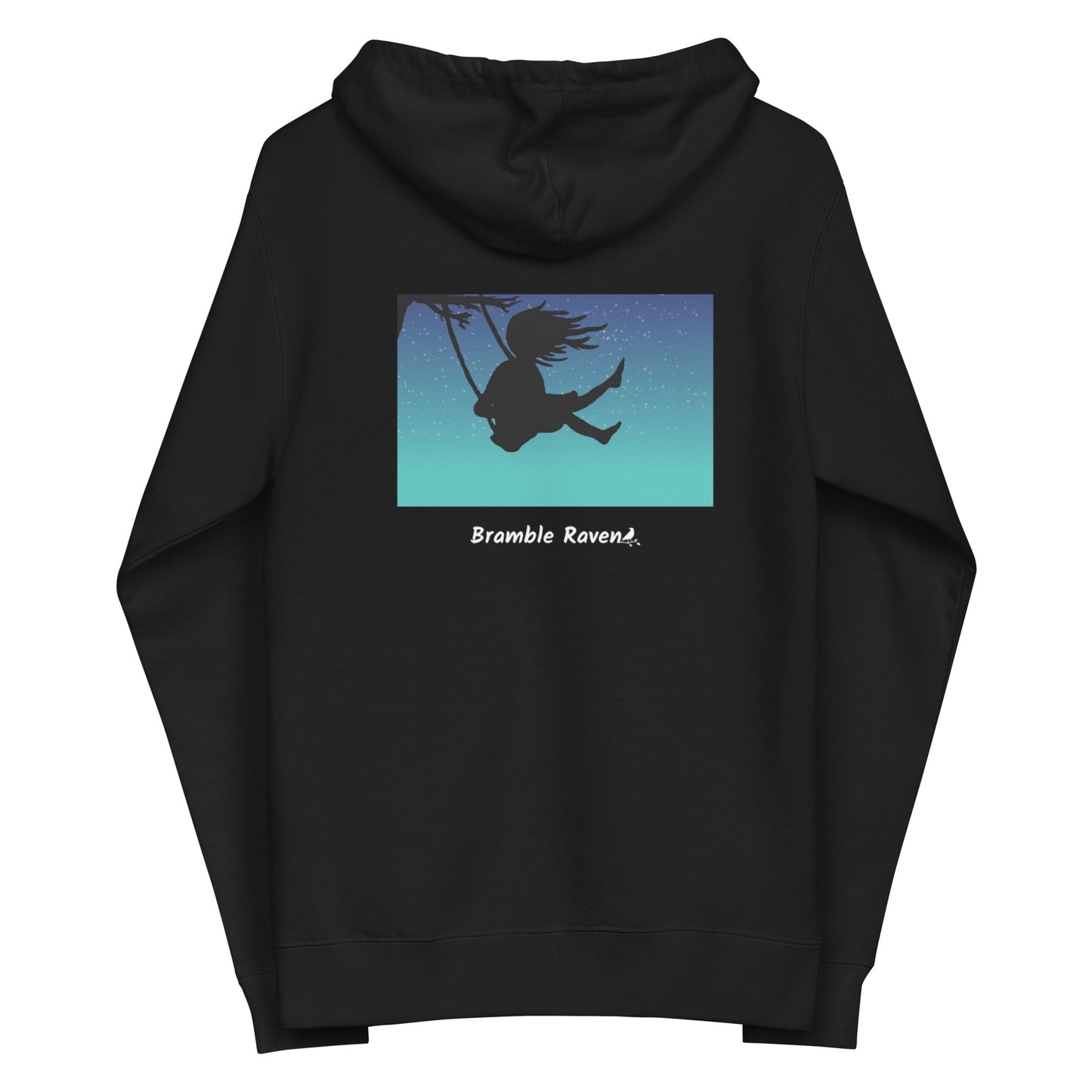 Original Swing Free design of a girl's silhouette in a tree swing against the backdrop of a blue starry sky. Rectangular image on the back of a unisex fleece-lined black colored zip up hoodie.