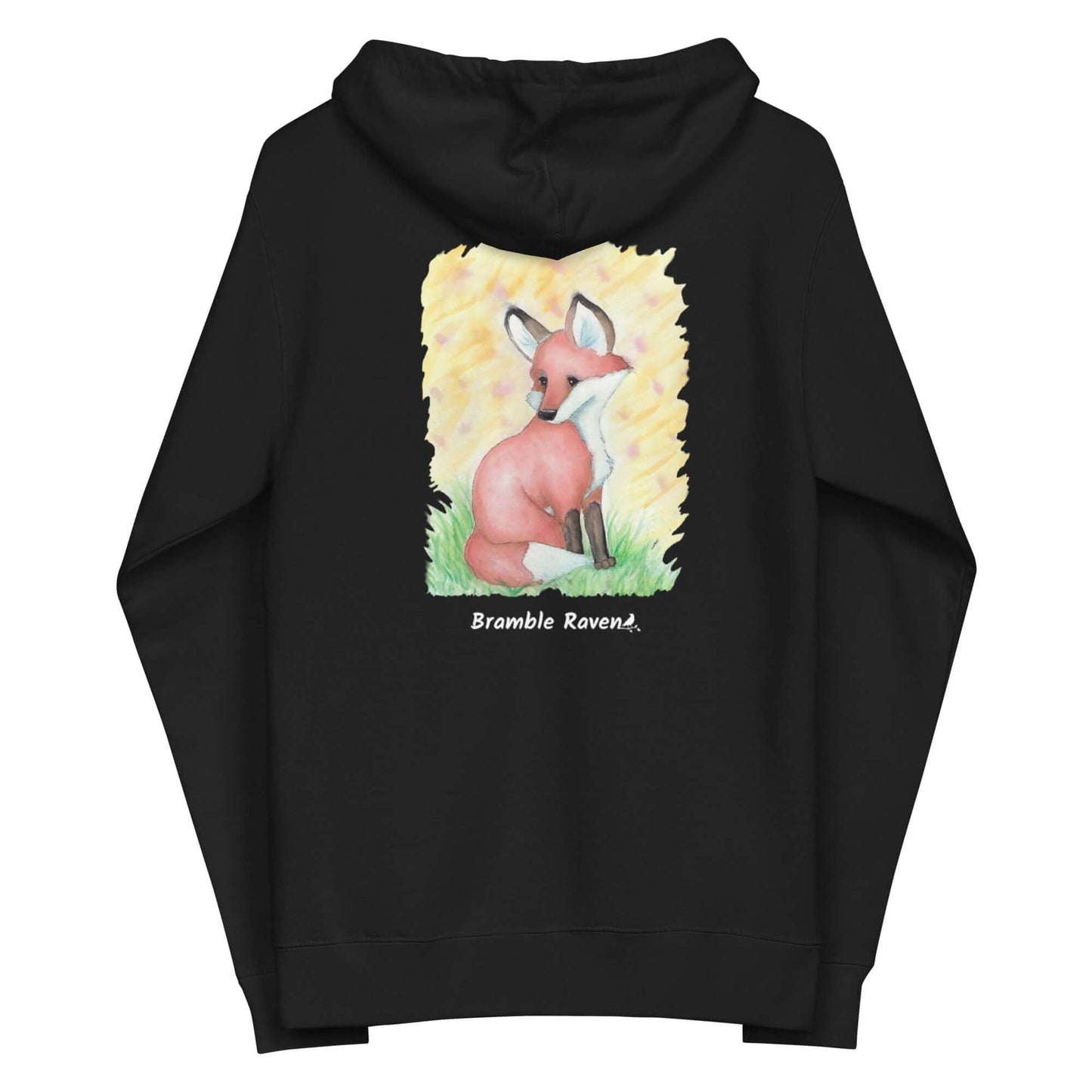 Unisex black colored zip-up fleece-lined hoodie. Features original watercolor painting of a fox sitting in the grass on the back of the hoodie.