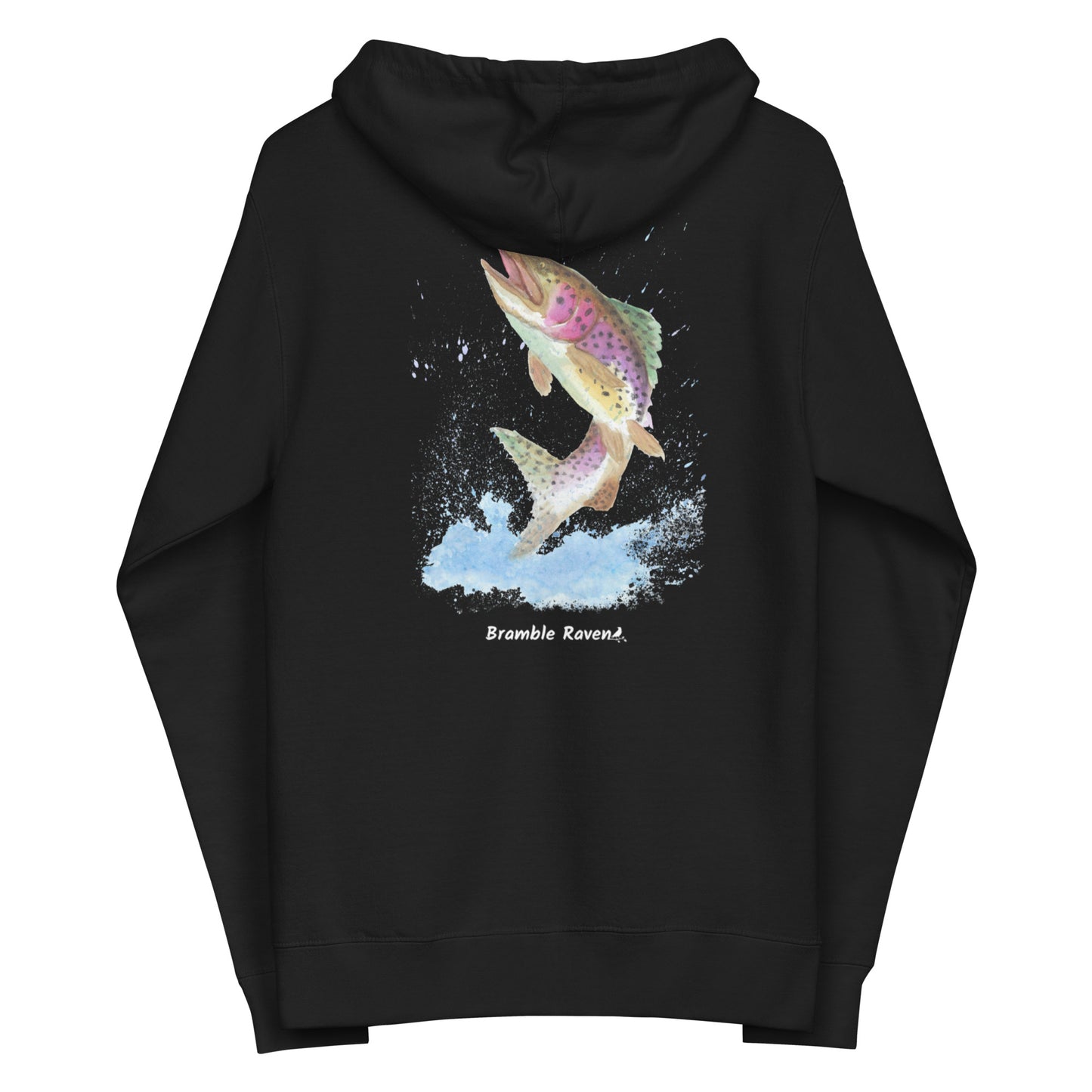 Unisex black colored fleece-lined zip-up hoodie. Features original watercolor painting of a rainbow trout leaping from the water on the back of the hoodie.