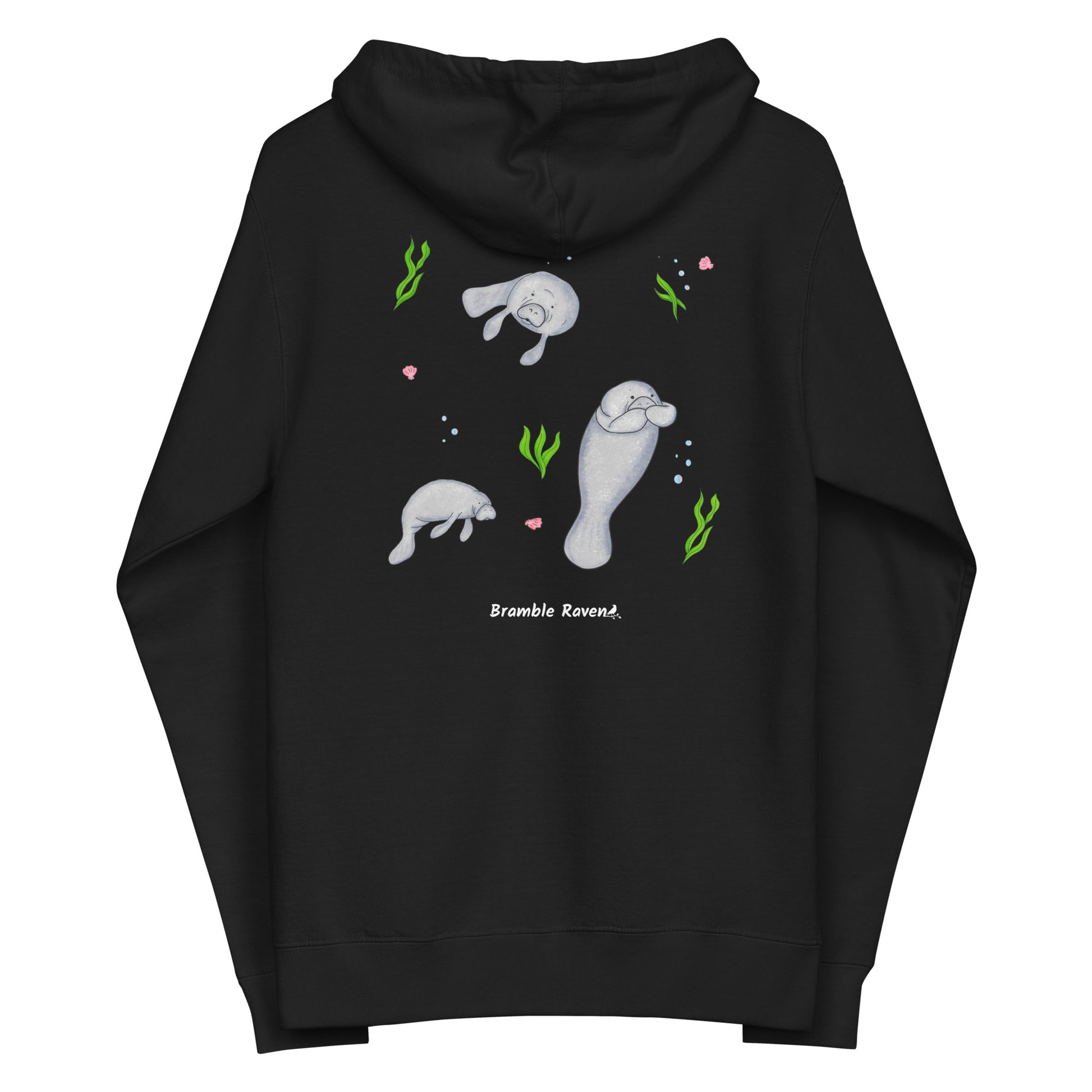 Black colored unisex zip-up hoodie. Features three manatees with seaweed, seashells, and bubbles on the back. It is made of soft, premium quality fleece fabric and has a jersey-lined hood. Made with 100% cotton face and 80% cotton, 20% polyester blend fleece (Charcoal Heather is 55% cotton, 45% polyester). Features metal eyelets and zipper.