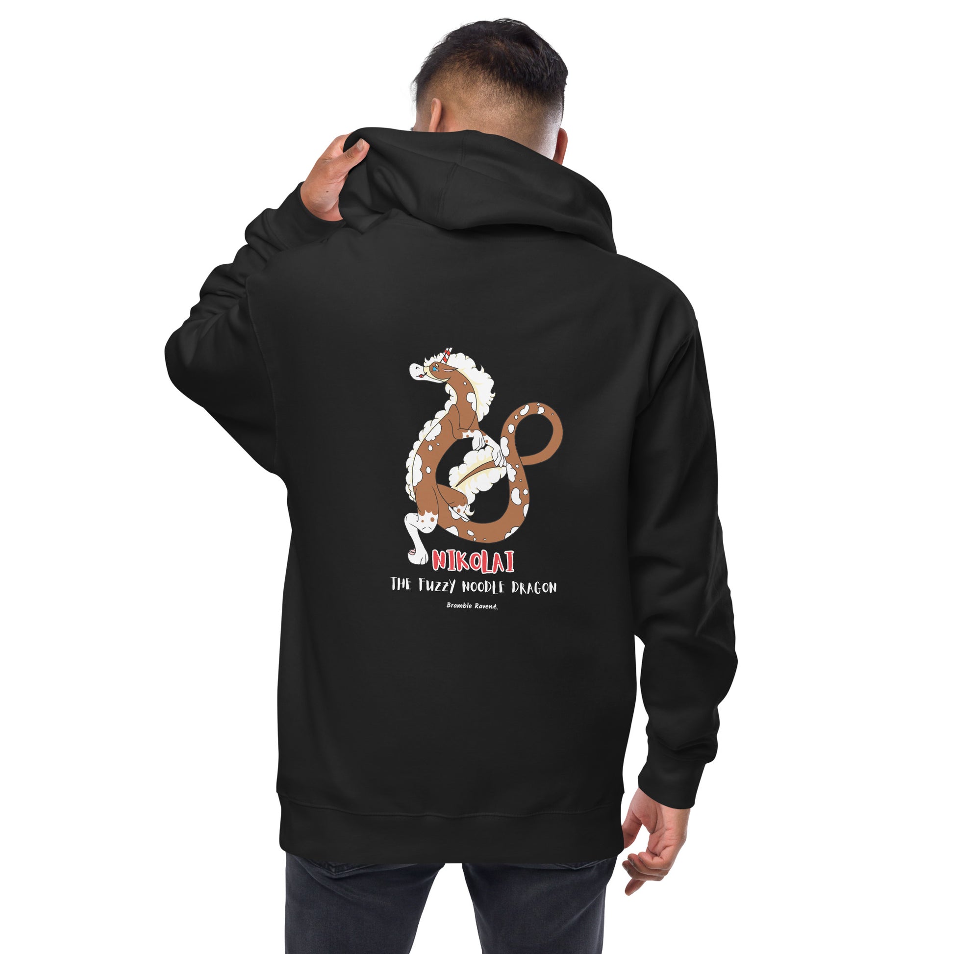 Black colored unisex fleece zip-up hoodie. Features a back design of Nikolai the root beer float fuzzy noodle dragon. Back view shown on male model.