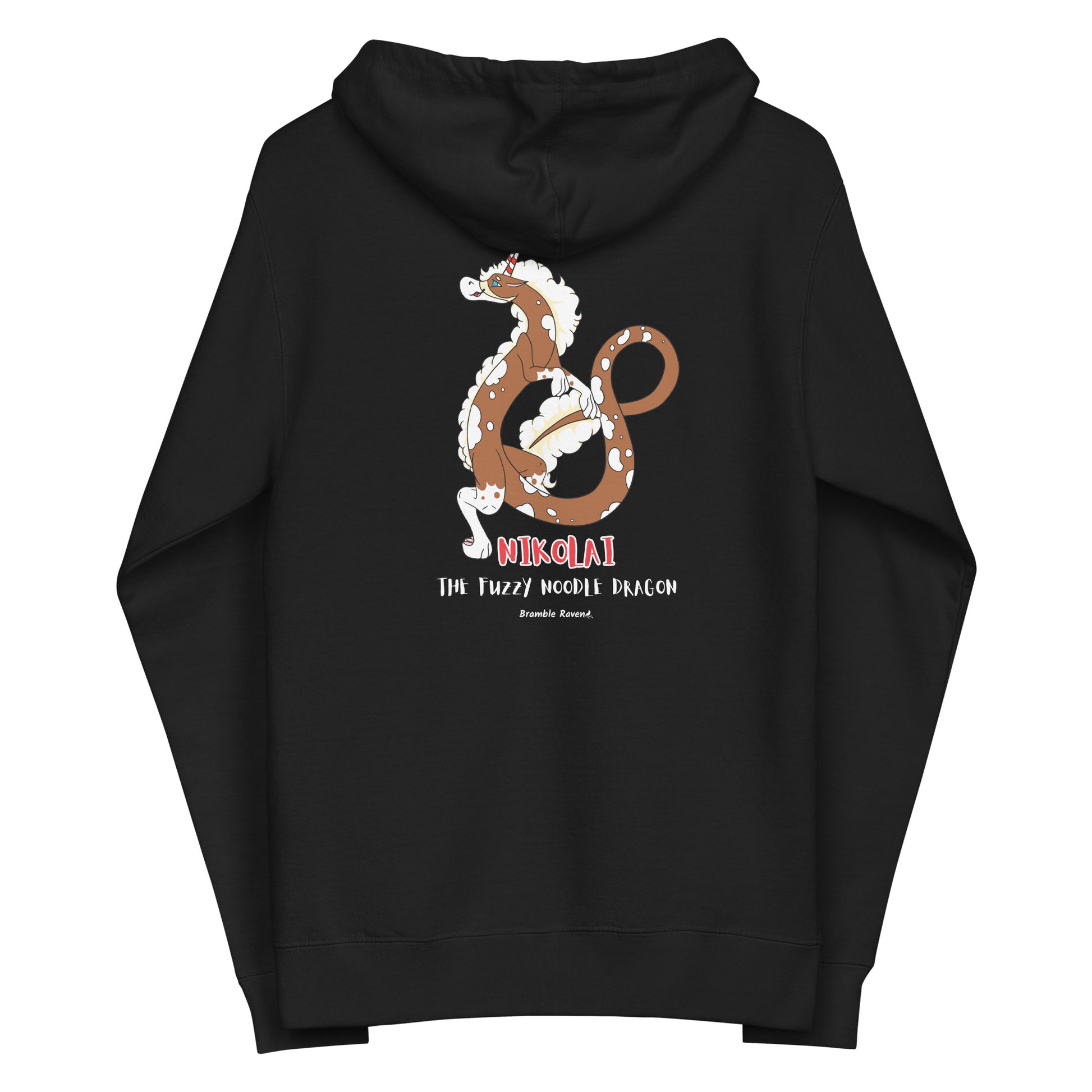 Black colored unisex fleece zip-up hoodie. Features a back design of Nikolai the root beer float fuzzy noodle dragon.