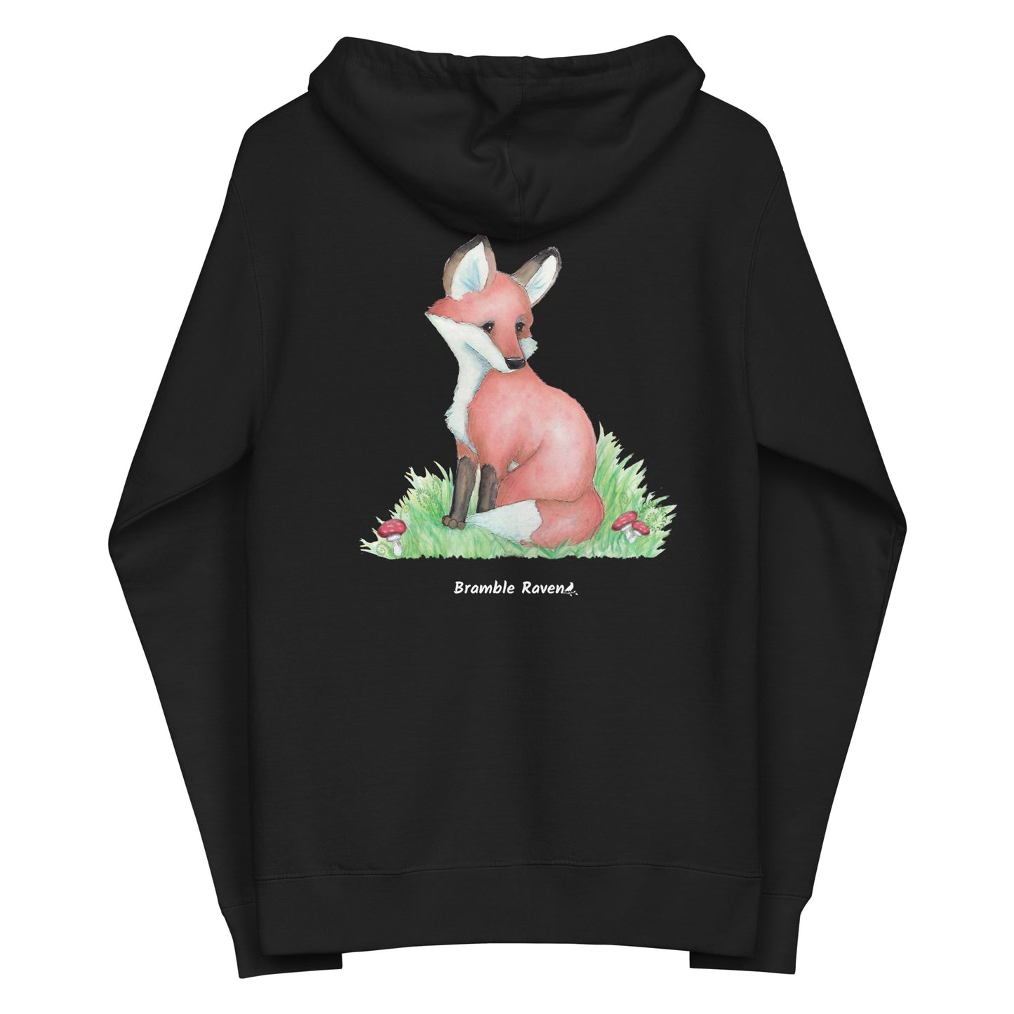 Black colored unisex fleece zip up hoodie. Back design features a watercolor fox in the grass with ferns and mushrooms. Has a jersey-lined hood, metal eyelets and zipper.