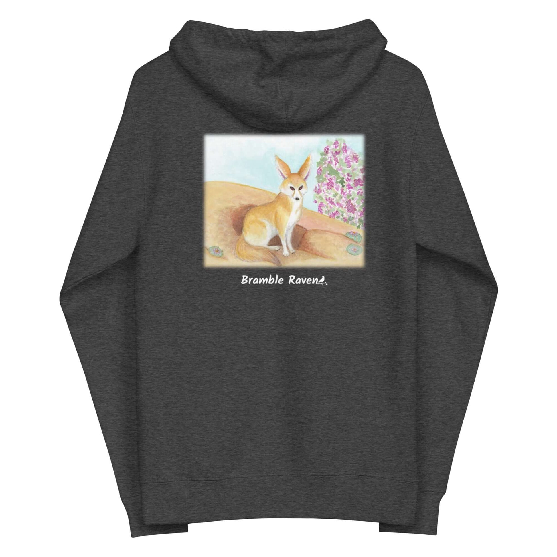 Unisex fleece-lined zip-up charcoal heather grey colored hoodie. Features original watercolor painting of a fennec fox in the desert on the back of the hoodie.