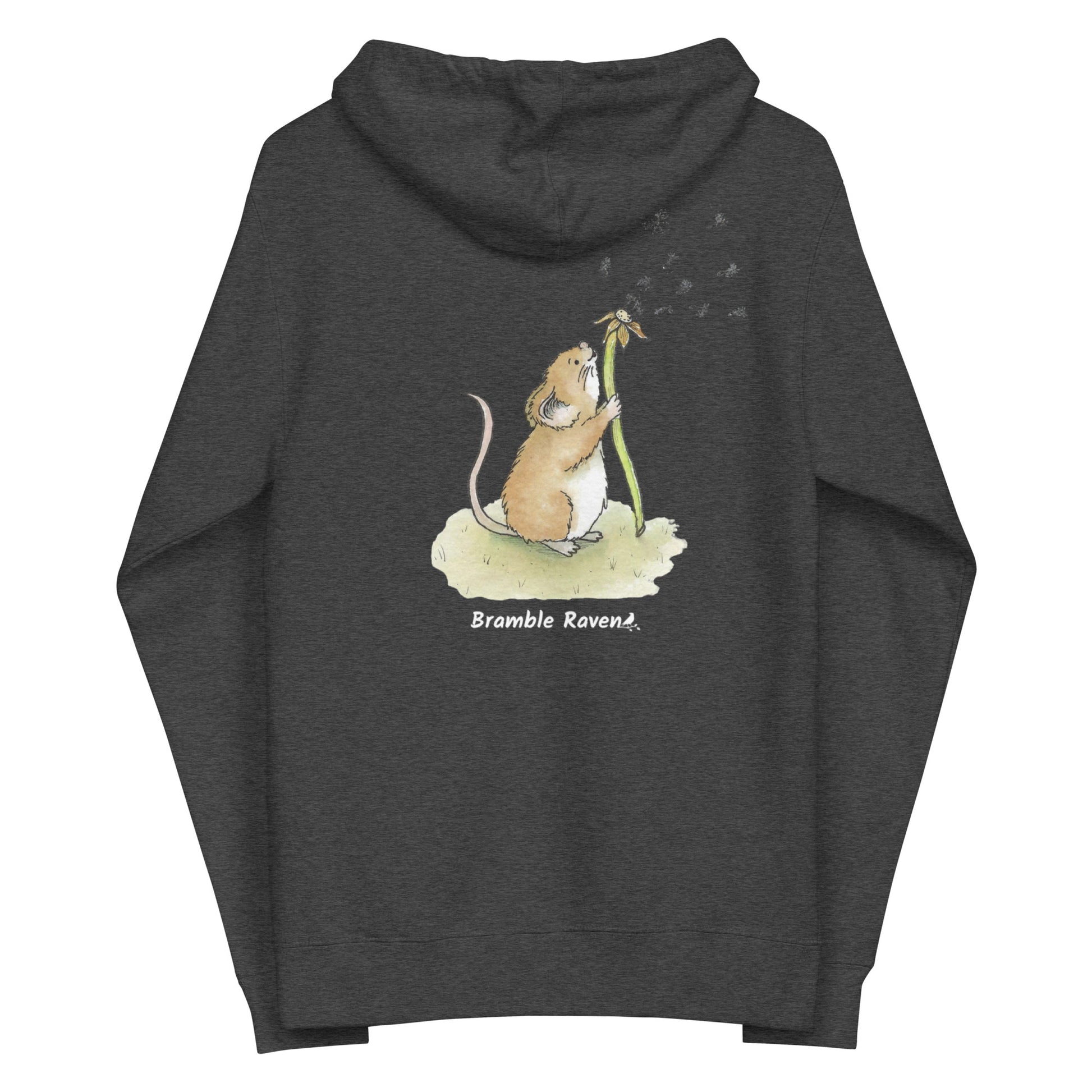 Dandelion wish design of cute watercolor mouse blowing dandelion seeds on the back of a charcoal gray fleece zip up hoodie