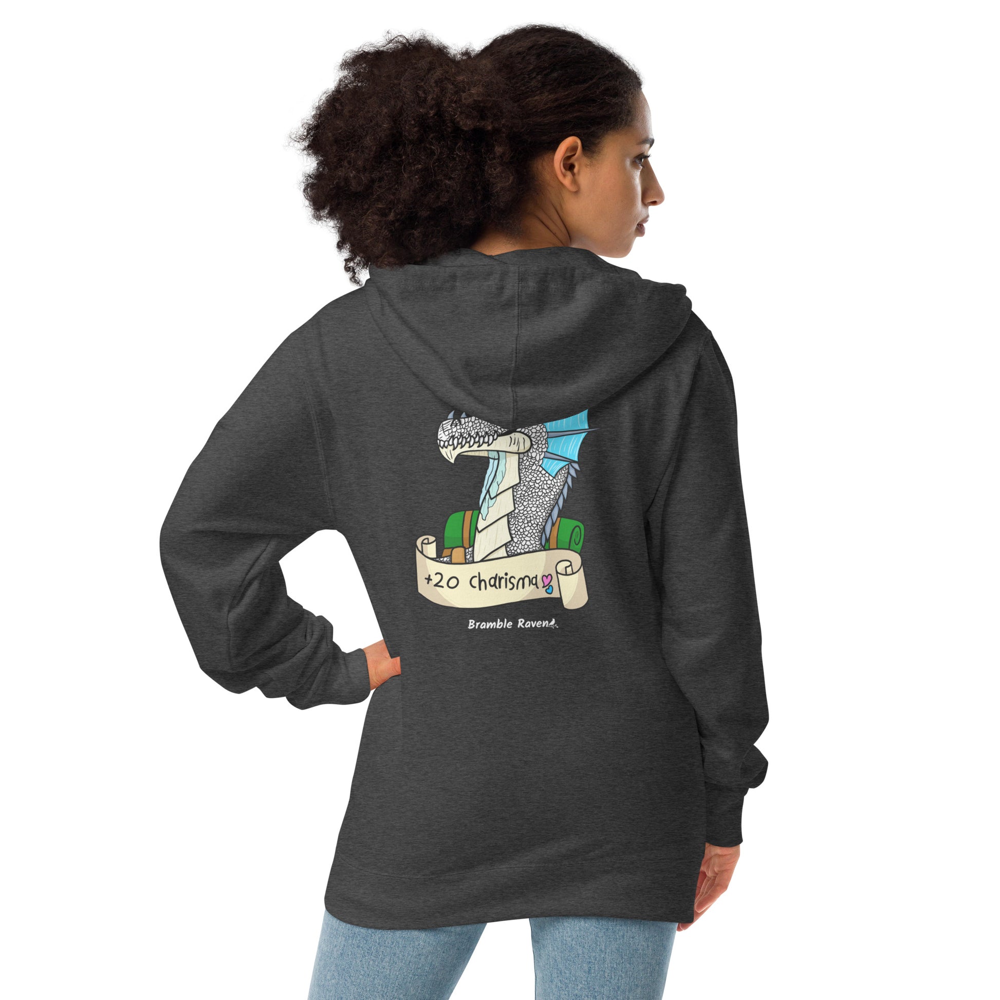 Original Bicycle the Bard dragon +20 Charisma design. On unisex fleece zip up hoodie. Charcoal Heather colored. Back design. Shown on female model.
