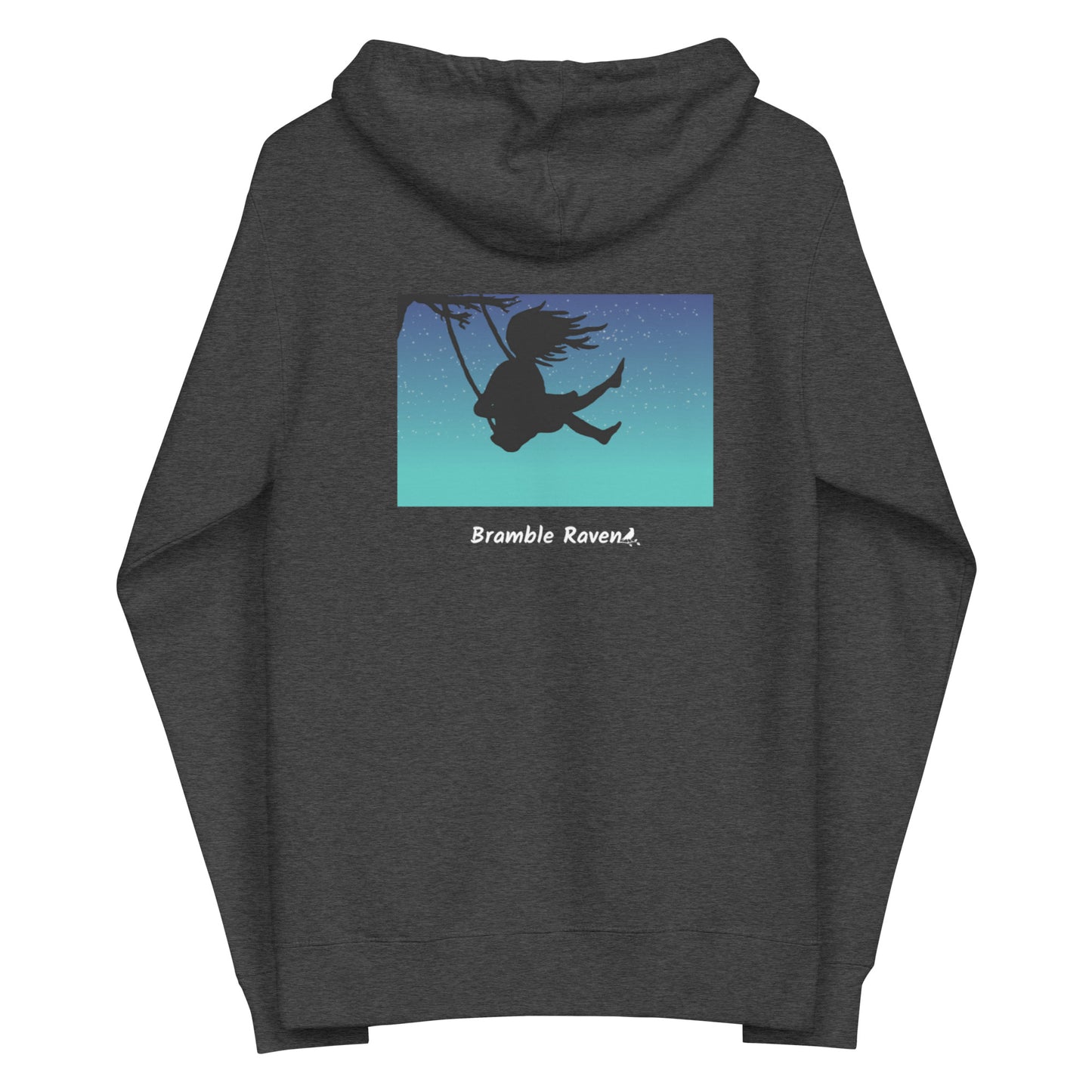 Original Swing Free design of a girl's silhouette in a tree swing against the backdrop of a blue starry sky. Rectangular image on the back of a unisex fleece-lined charcoal heather grey colored zip up hoodie.