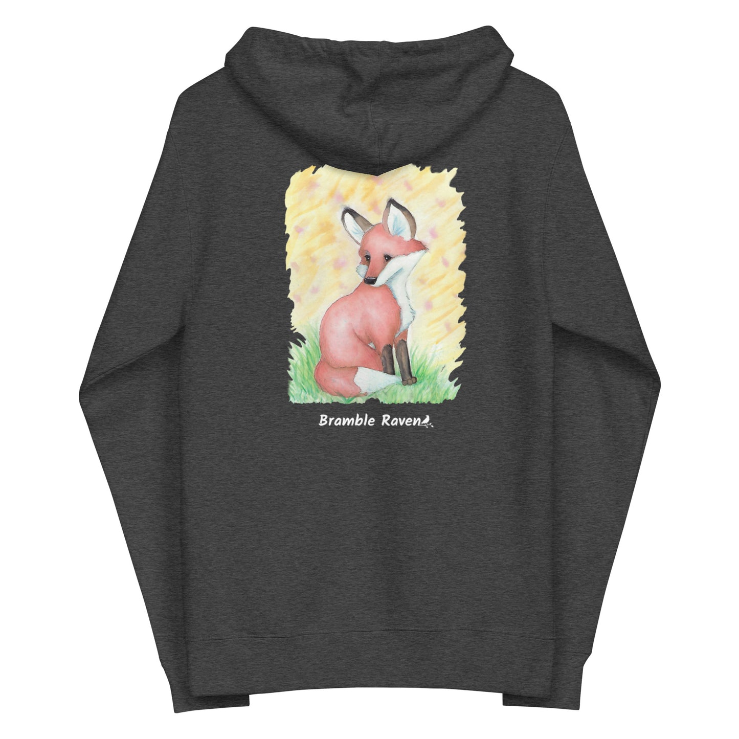Unisex charcoal heather grey colored zip-up fleece-lined hoodie. Features original watercolor painting of a fox sitting in the grass on the back of the hoodie.