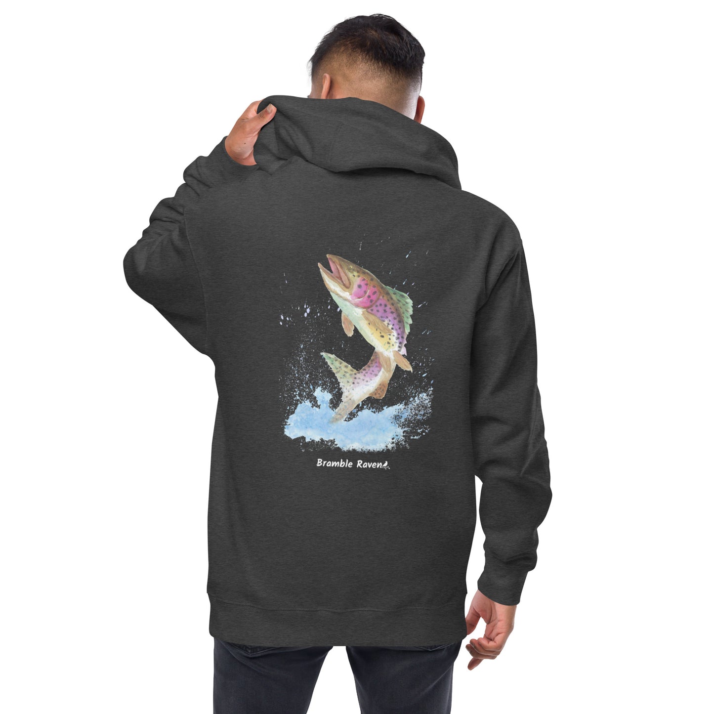Unisex charcoal heather grey colored fleece-lined zip-up hoodie. Features original watercolor painting of a rainbow trout leaping from the water on the back of the hoodie. Shown on a male model.