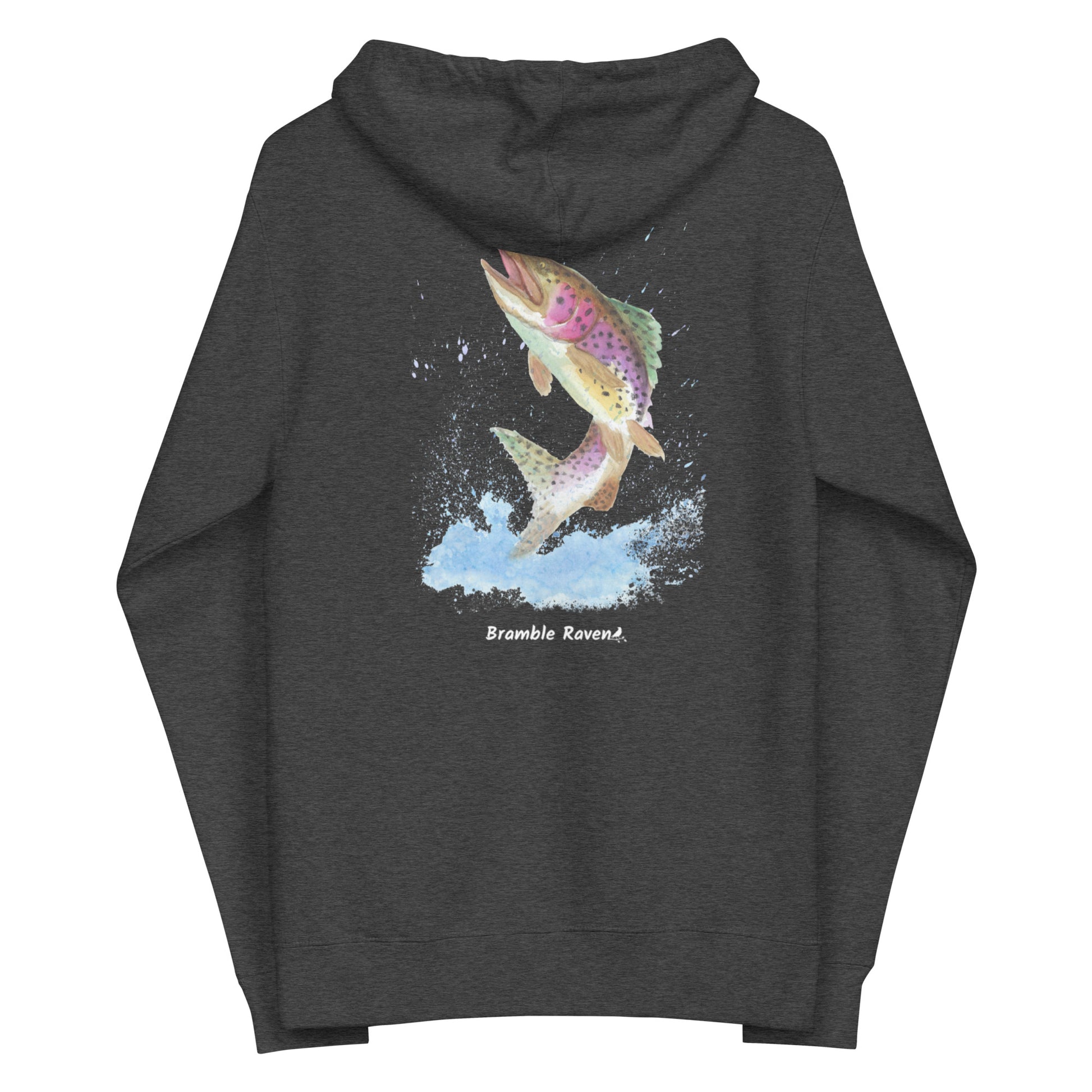 Unisex charcoal heather grey colored fleece-lined zip-up hoodie. Features original watercolor painting of a rainbow trout leaping from the water on the back of the hoodie.