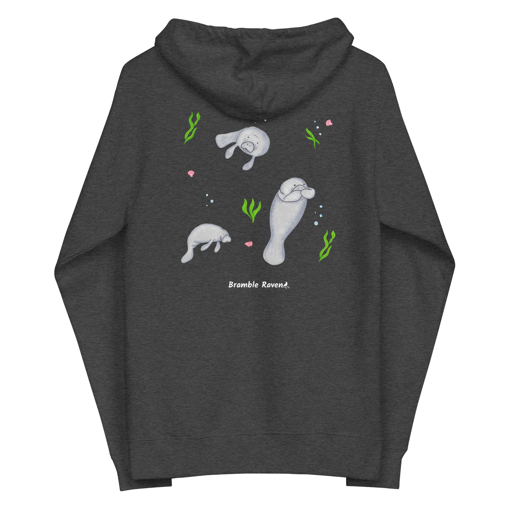 Charcoal heather grey colored unisex zip-up hoodie. Features three manatees with seaweed, seashells, and bubbles on the back. It is made of soft, premium quality fleece fabric and has a jersey-lined hood. Made with 100% cotton face and 80% cotton, 20% polyester blend fleece (Charcoal Heather is 55% cotton, 45% polyester). Features metal eyelets and zipper.