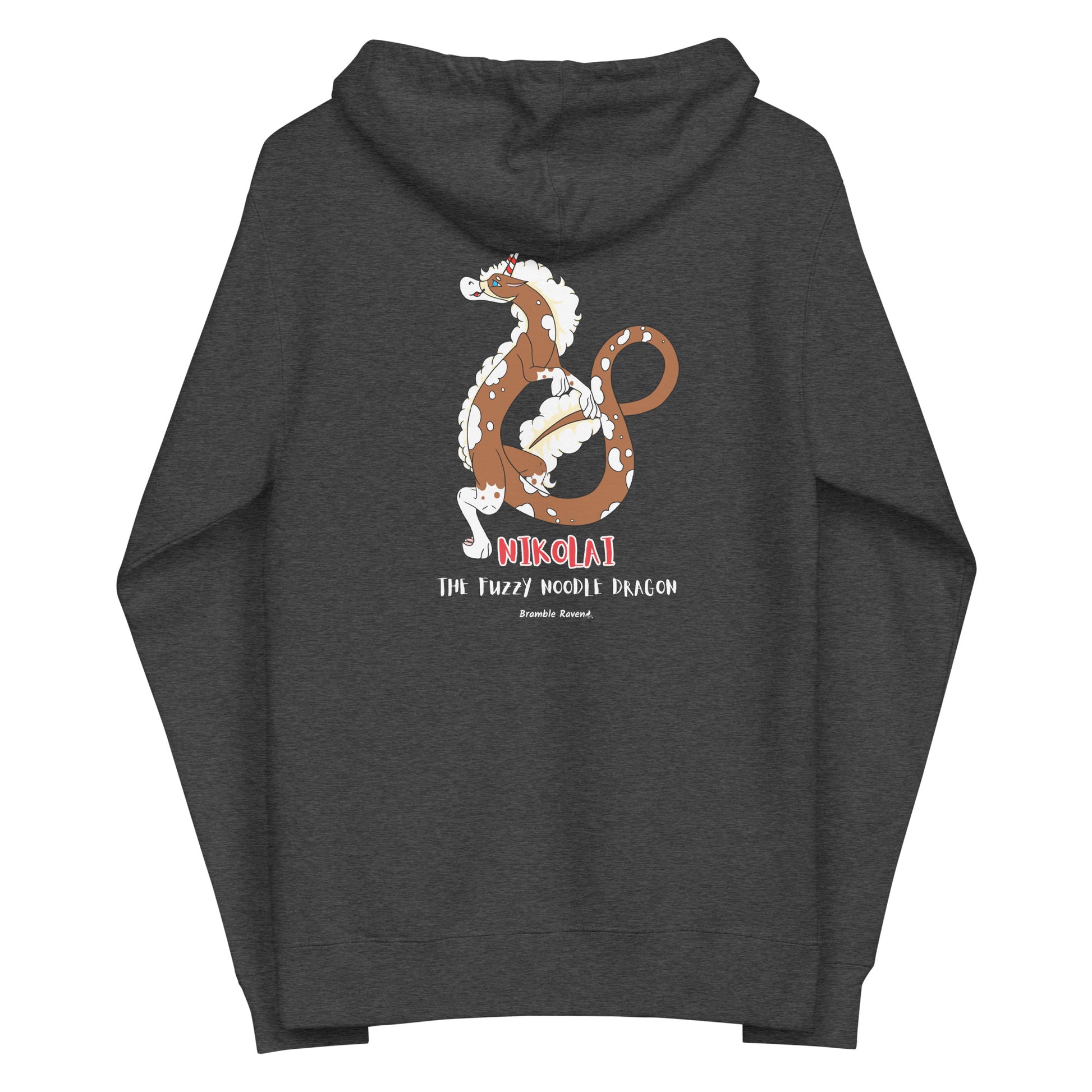 Charcoal heather colored unisex fleece zip-up hoodie. Features a back design of Nikolai the root beer float fuzzy noodle dragon.