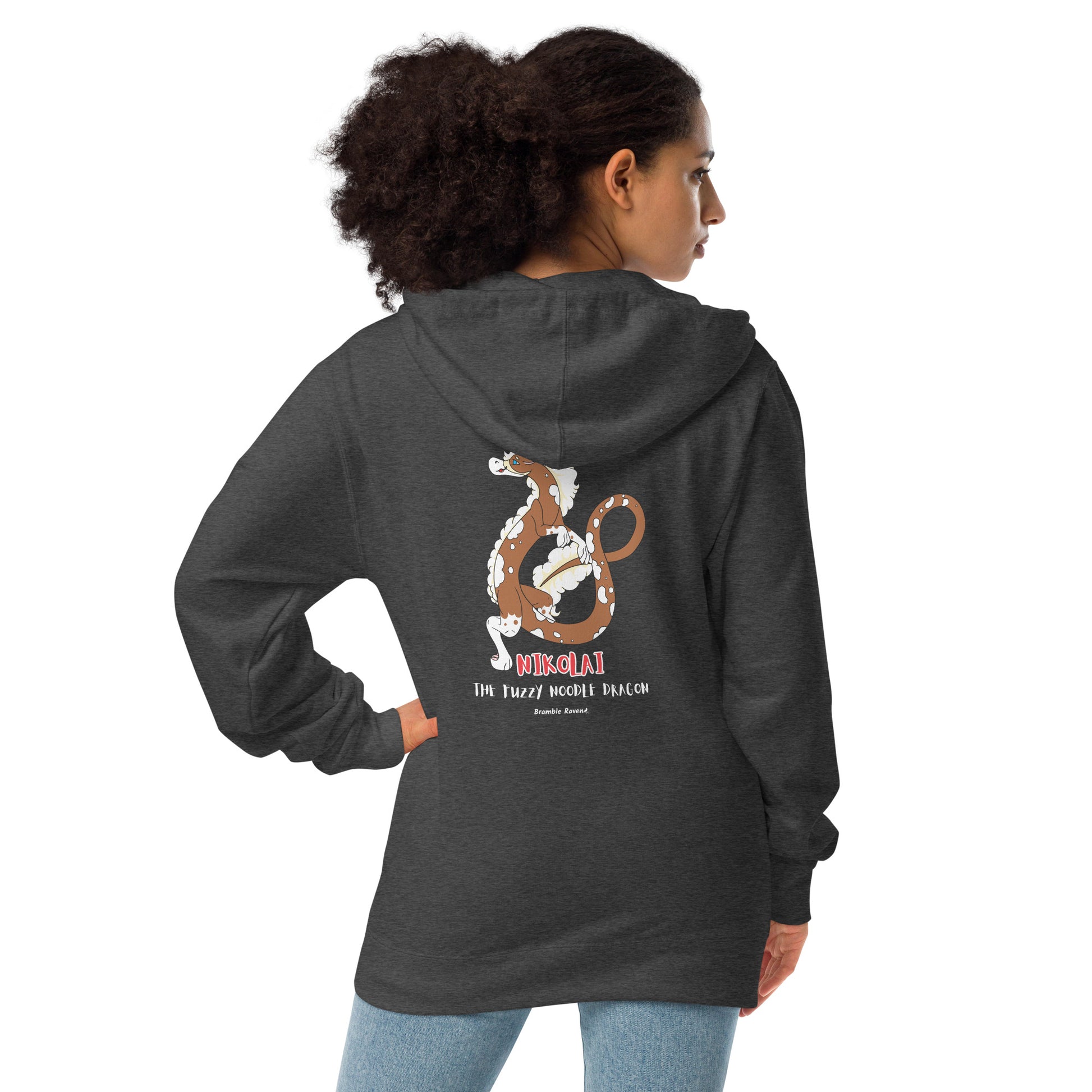 Charcoal heather colored unisex fleece zip-up hoodie. Features a back design of Nikolai the root beer float fuzzy noodle dragon. Back view shown on female model.