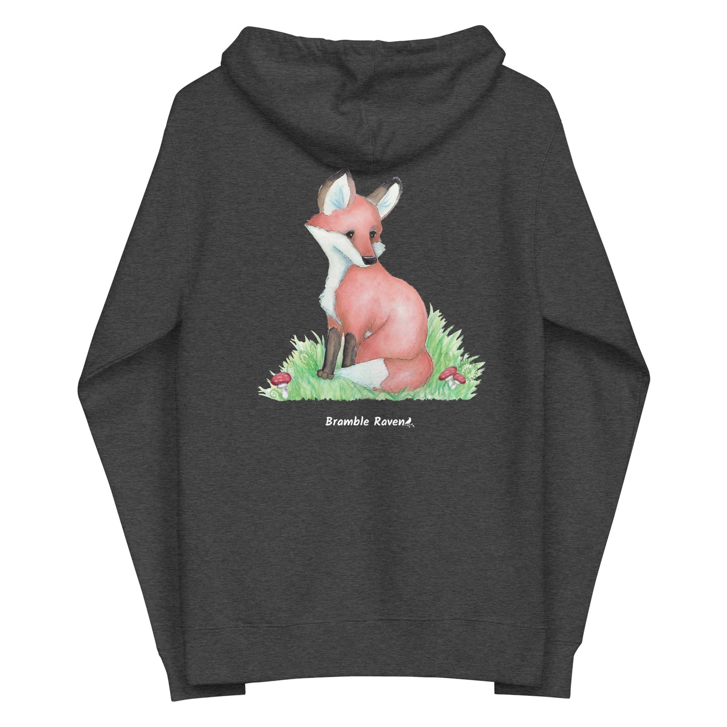 Charcoal heather grey colored unisex fleece zip up hoodie. Back design features a watercolor fox in the grass with ferns and mushrooms. Has a jersey-lined hood, metal eyelets and zipper.