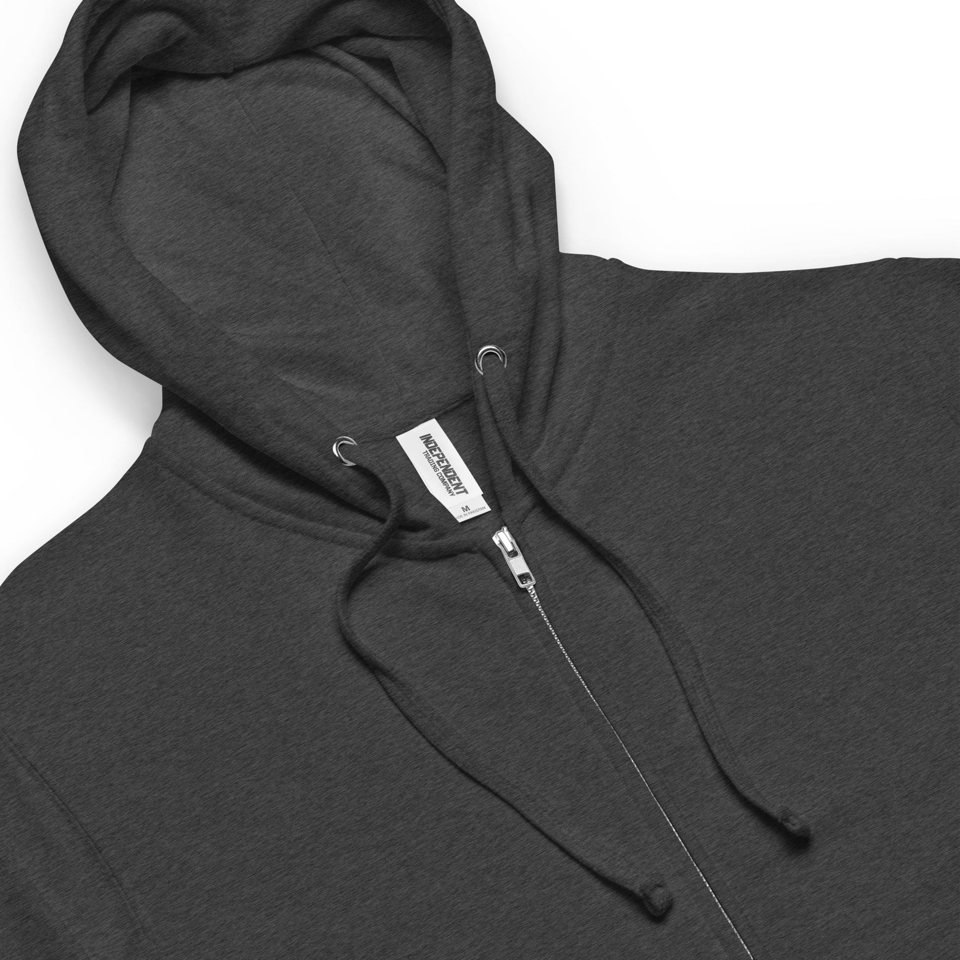 Charcoal heather grey colored unisex zip-up hoodie. Features three manatees with seaweed, seashells, and bubbles on the back. It is made of soft, premium quality fleece fabric and has a jersey-lined hood. Made with 100% cotton face and 80% cotton, 20% polyester blend fleece (Charcoal Heather is 55% cotton, 45% polyester). Features metal eyelets and zipper. Detail image shows metal eyelets, draw cords, jersey-lined hood and metal zipper.