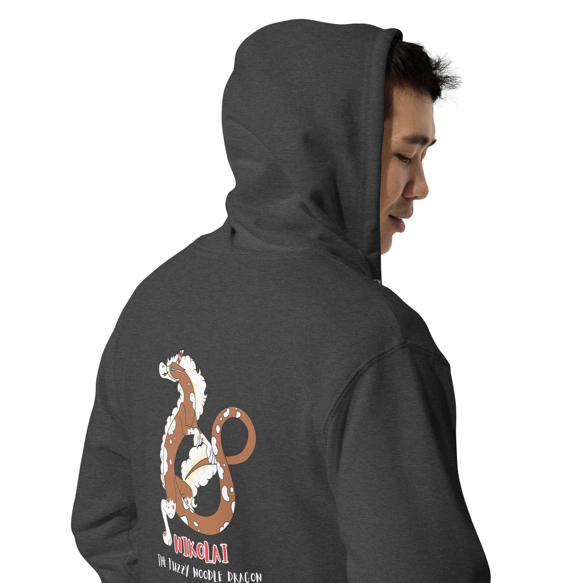 Charcoal heather colored unisex fleece zip-up hoodie. Features a back design of Nikolai the root beer float fuzzy noodle dragon. Back view shown on male model facing right.