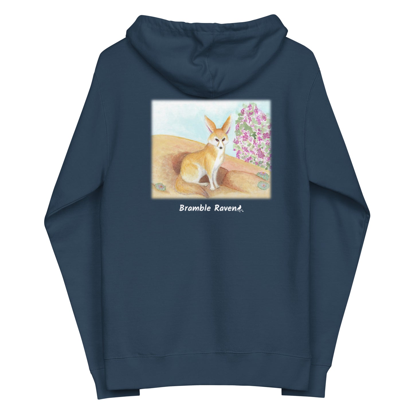 Unisex fleece-lined zip-up navy blue colored hoodie. Features original watercolor painting of a fennec fox in the desert on the back of the hoodie.