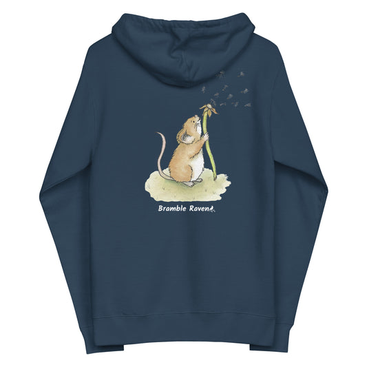 Dandelion wish design of cute watercolor mouse blowing dandelion seeds on the back of a navy blue fleece zip up hoodie