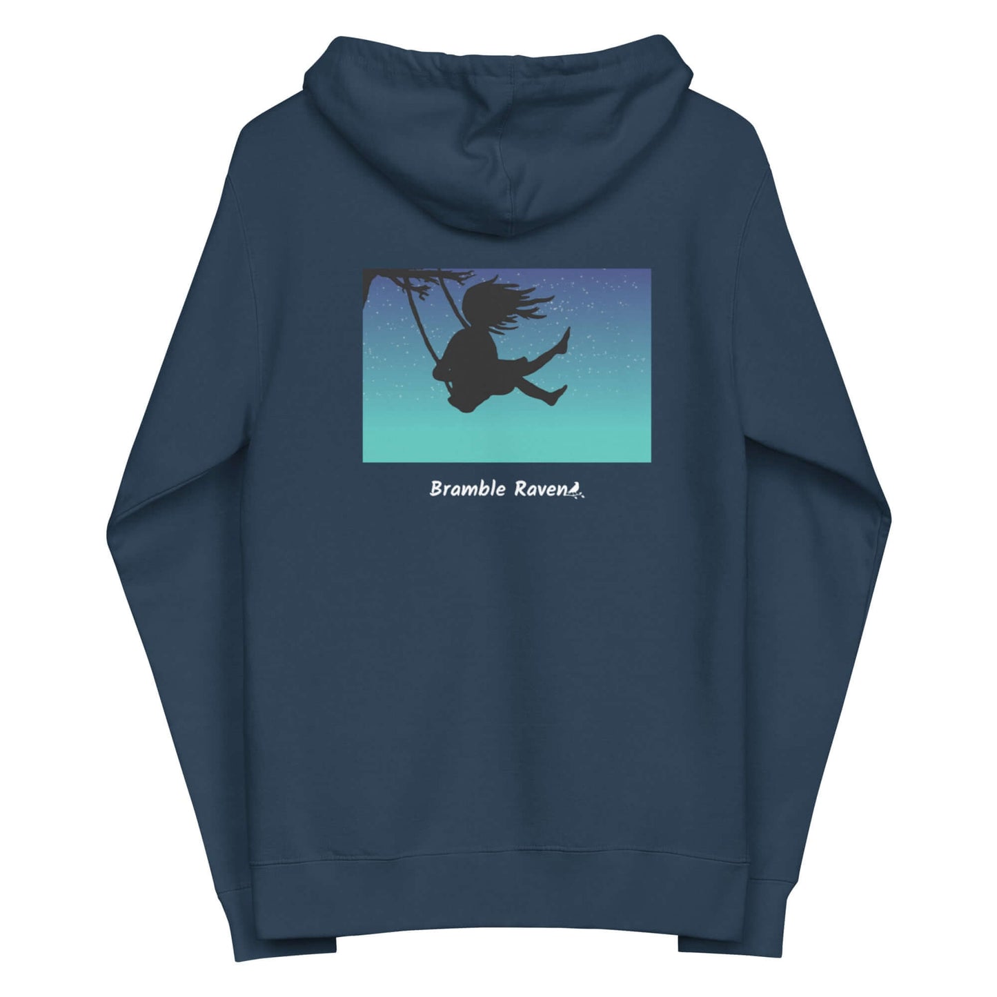 Original Swing Free design of a girl's silhouette in a tree swing against the backdrop of a blue starry sky. Rectangular image on the back of a unisex fleece-lined navy colored zip up hoodie.