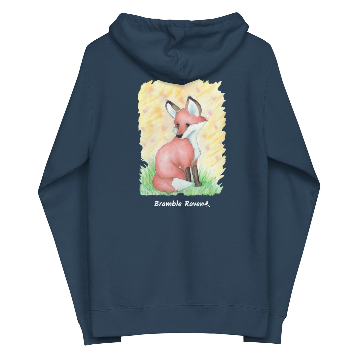 Unisex navy blue colored zip-up fleece-lined hoodie. Features original watercolor painting of a fox sitting in the grass on the back of the hoodie.