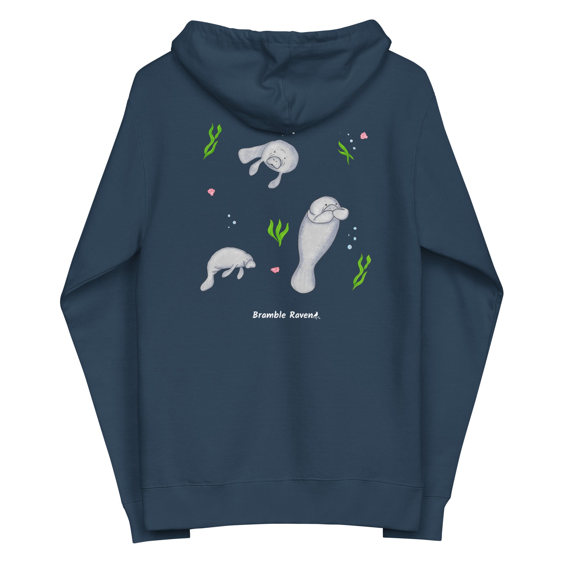 Navy blue colored unisex zip-up hoodie. Features three manatees with seaweed, seashells, and bubbles on the back. It is made of soft, premium quality fleece fabric and has a jersey-lined hood. Made with 100% cotton face and 80% cotton, 20% polyester blend fleece. Features metal eyelets and zipper.