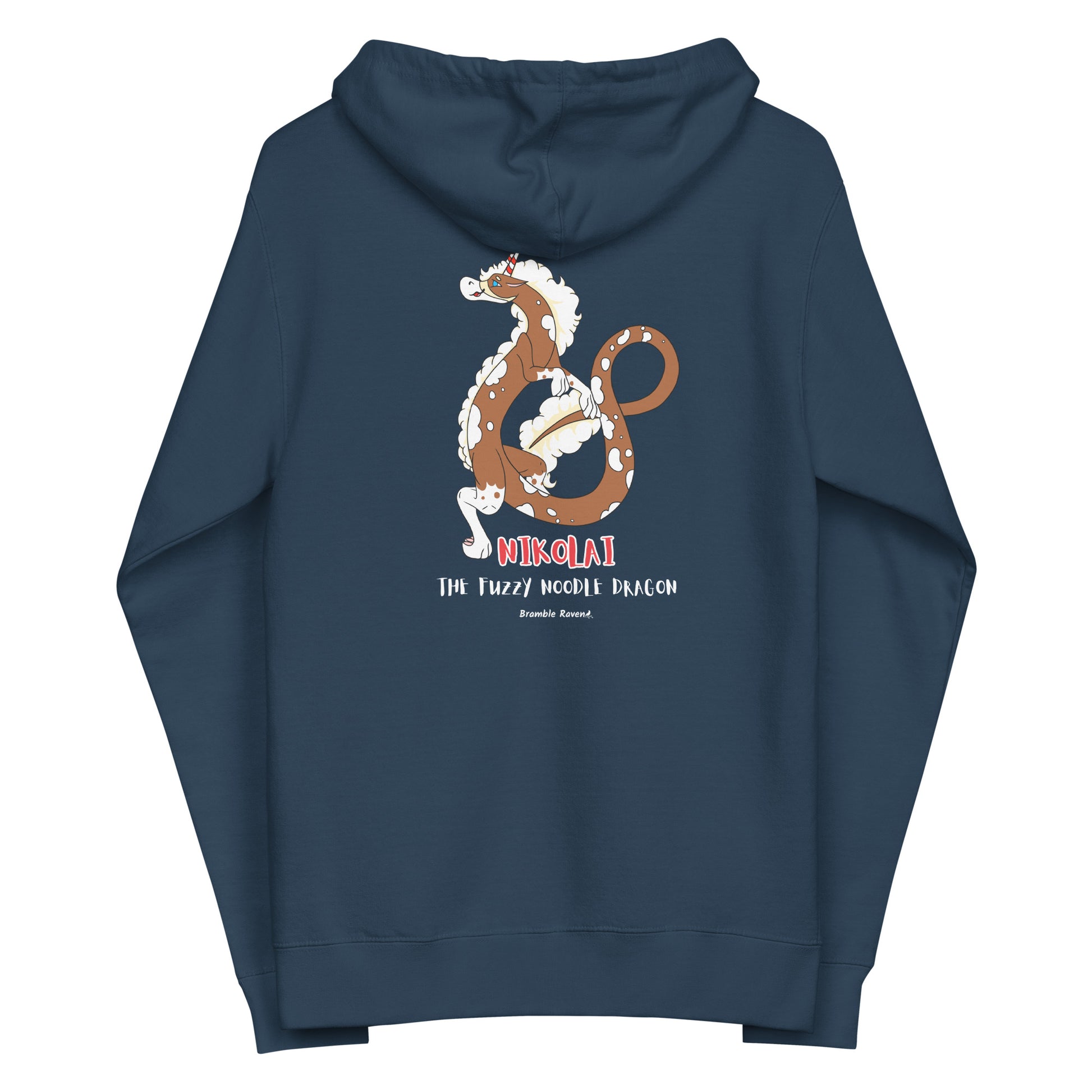 Navy blue colored unisex fleece zip-up hoodie. Features a back design of Nikolai the root beer float fuzzy noodle dragon.