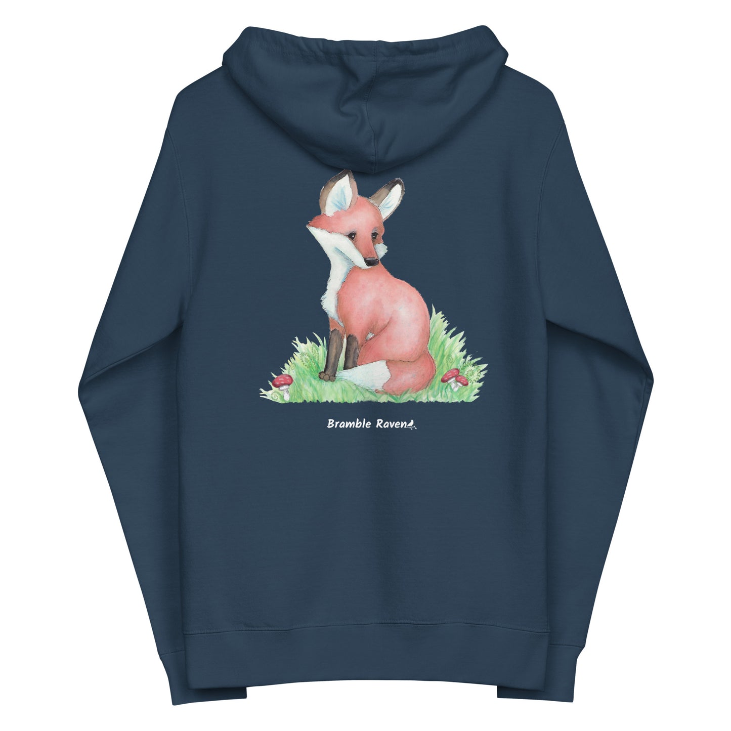 Navy blue unisex fleece zip up hoodie. Back design features a watercolor fox in the grass with ferns and mushrooms. Has a jersey-lined hood, metal eyelets and zipper.